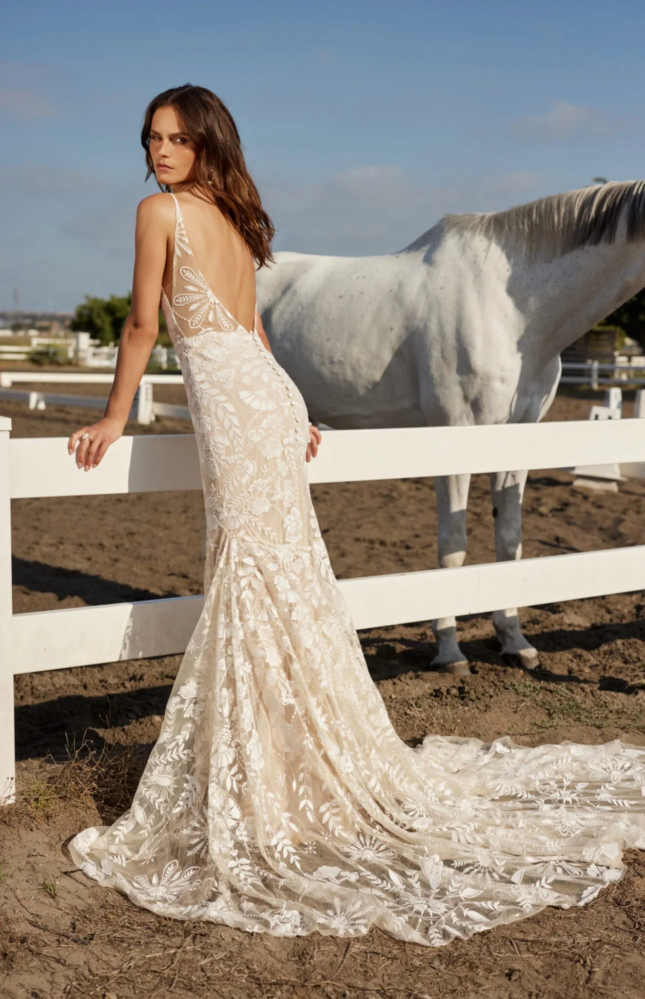 Rish Richie, boho lace fitted gown with open back