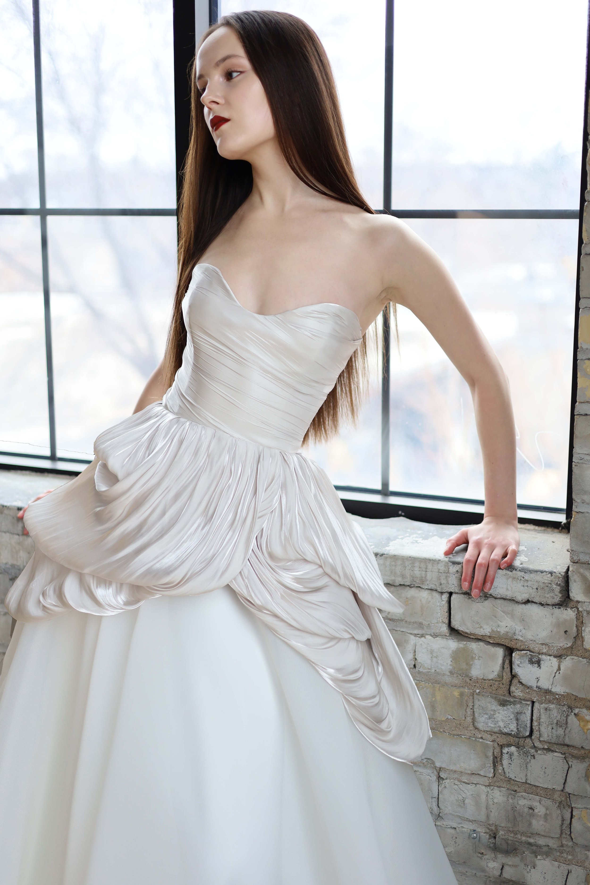 Off shoulder wedding dress, exposed boning, a line