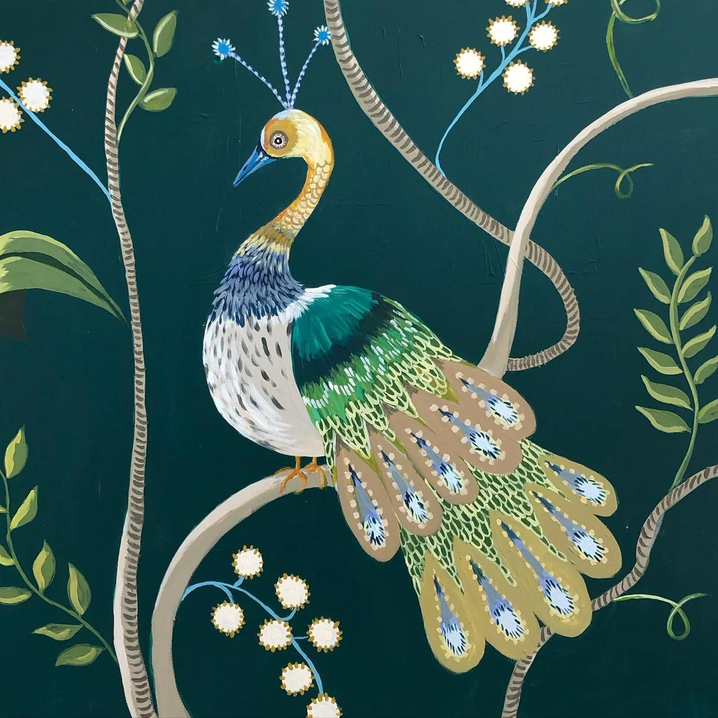 The original paintings that brought &ldquo;Peacock Gardens&rdquo; to life - set against an emerald green backdrop 
@nancybwestfallartist