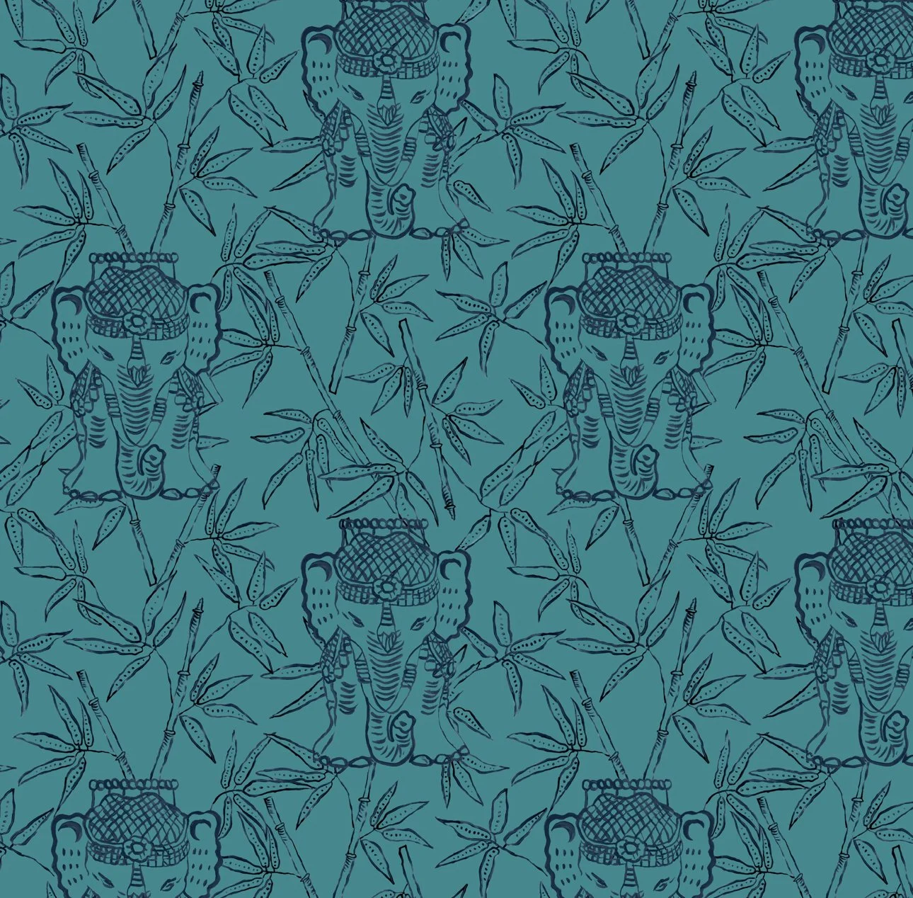 Elephants & Bamboo - Garden Teal