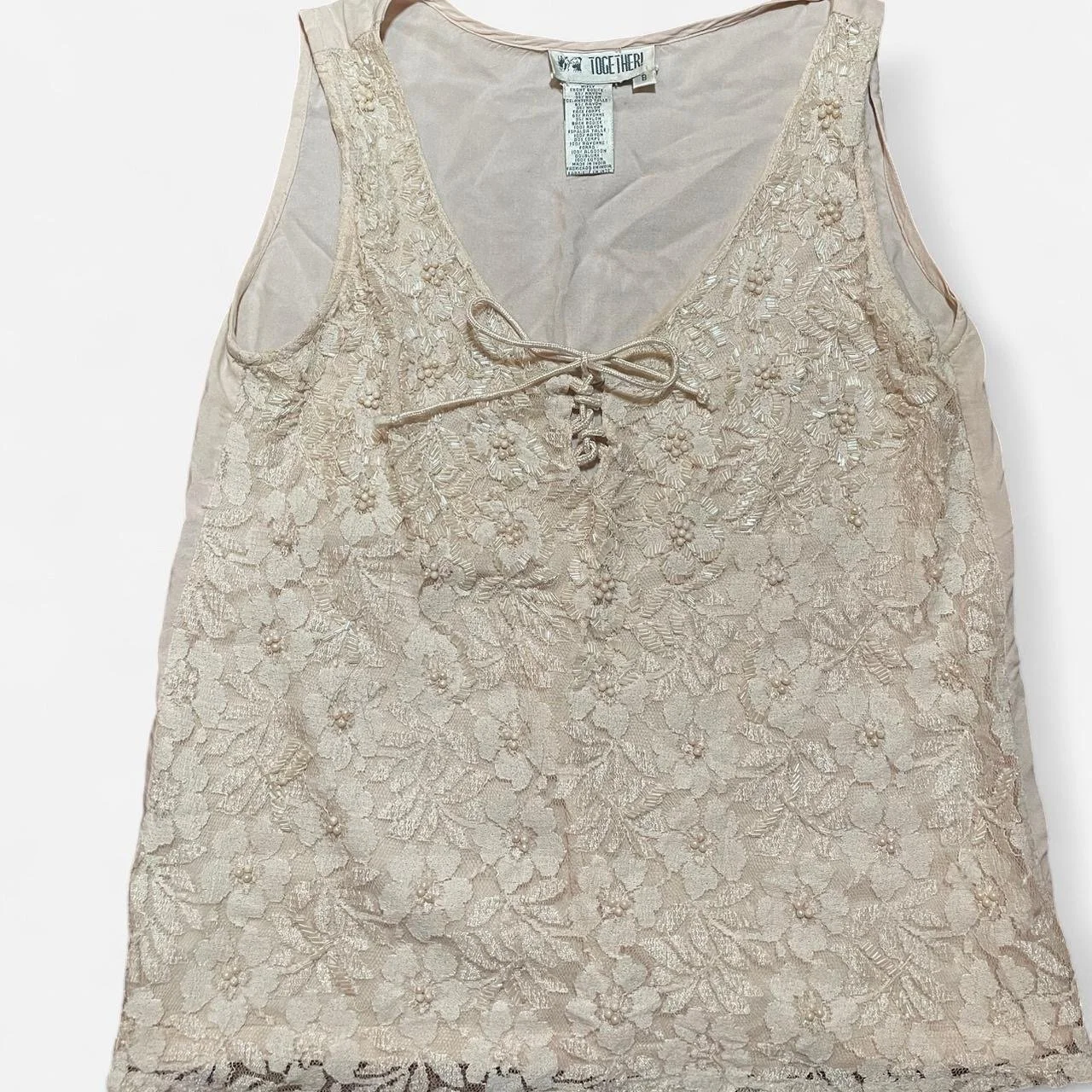 Vintage Elegant Lace & Bead Blouse with Adjustable Tie