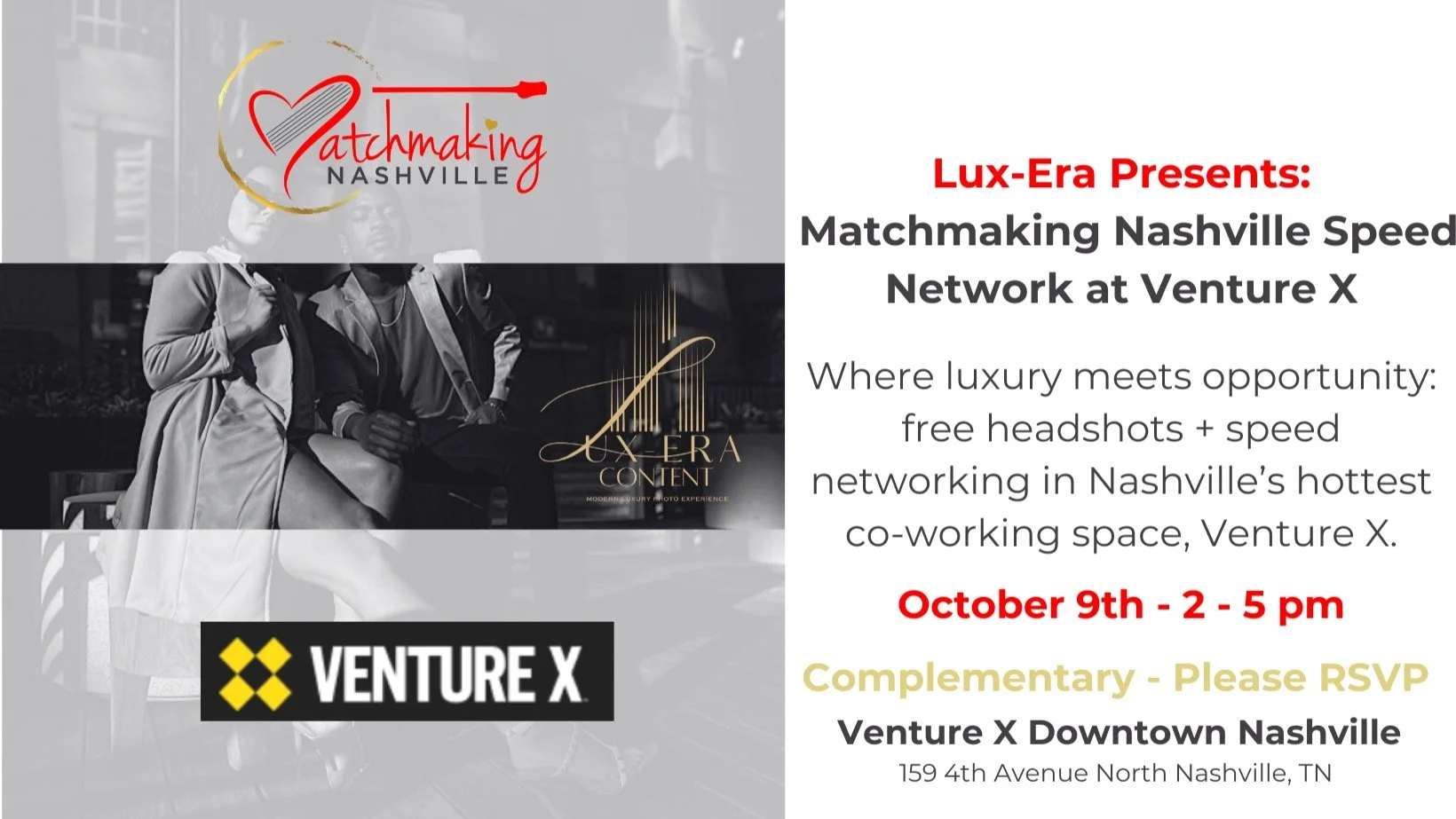 ✨ October 9 | 2&ndash;5 PM | Venture X Nashville Downtown ✨
Free mini headshots @luxeracontent + networking + meet the CEO of Matchmaking Nashville!
💼 Limited spots&mdash;refresh your brand &amp; make real connections. Singles and friends are welcom