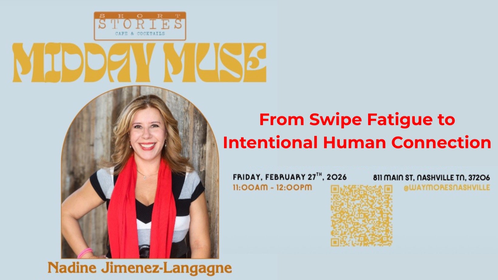 If you could use some tips on how to date more intentionally and ditch the swipe fatigue this free talk is for you!
Come join me this Friday, I will also answer any dating questions you have! 
See you @waymoresnashville 
Free to join, limited seating