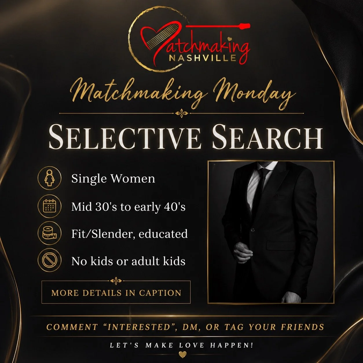 Matchmaking Nashville is collaborating with a prestigious, high-profile agency on an exclusive search.
We&rsquo;ve been asked to help identify potential matches for a Nashville-based bachelor (49), Wharton-educated, in private equity. Exceptionally a