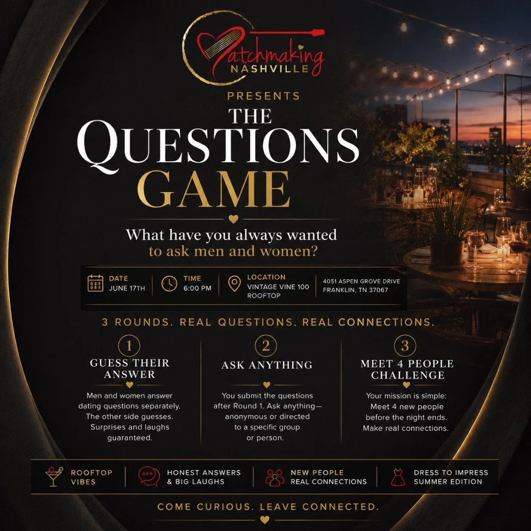 THE QUESTIONS GAME for Singles

What have you always wanted to ask men and women?

Join us for a fun summer evening on the rooftop at Vintage Vine 100 in Franklin.

Ever wished you could ask singles what they really think about dating, attraction, re