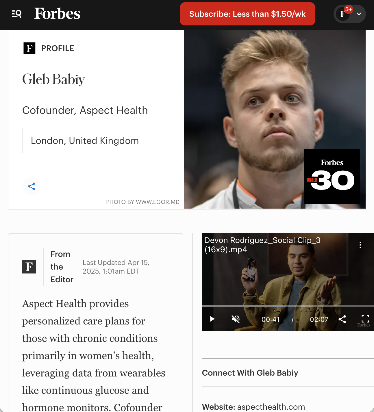 Gleb Babiy featured on Europe's Forbes 30 U 30 List for technology.