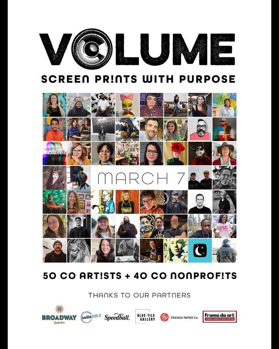 We are so excited to be an event sponsor for VOLUME! Screen Prints with Purpose | Opening at Blue Tile Gallery | March 7th | 4-7pm ✨

51 Colorado Artists have donated a 1-color image to be reproduced with 100% of sales benefitting 40+ Colorado Nonpro