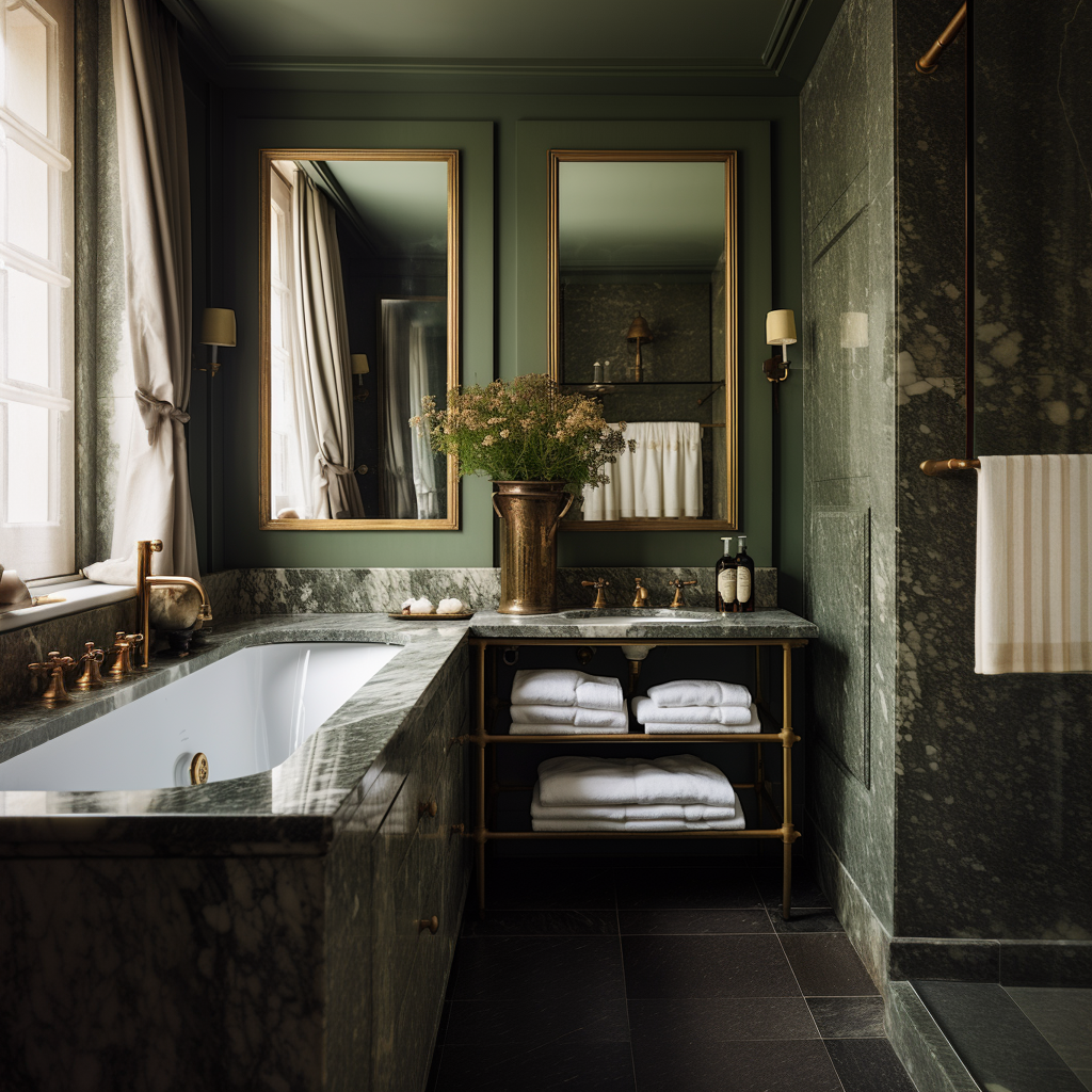 Luxurious bathroom with green marble countertops, gold fixtures, large mirrors, a vase with flowers, and neatly arranged towels.