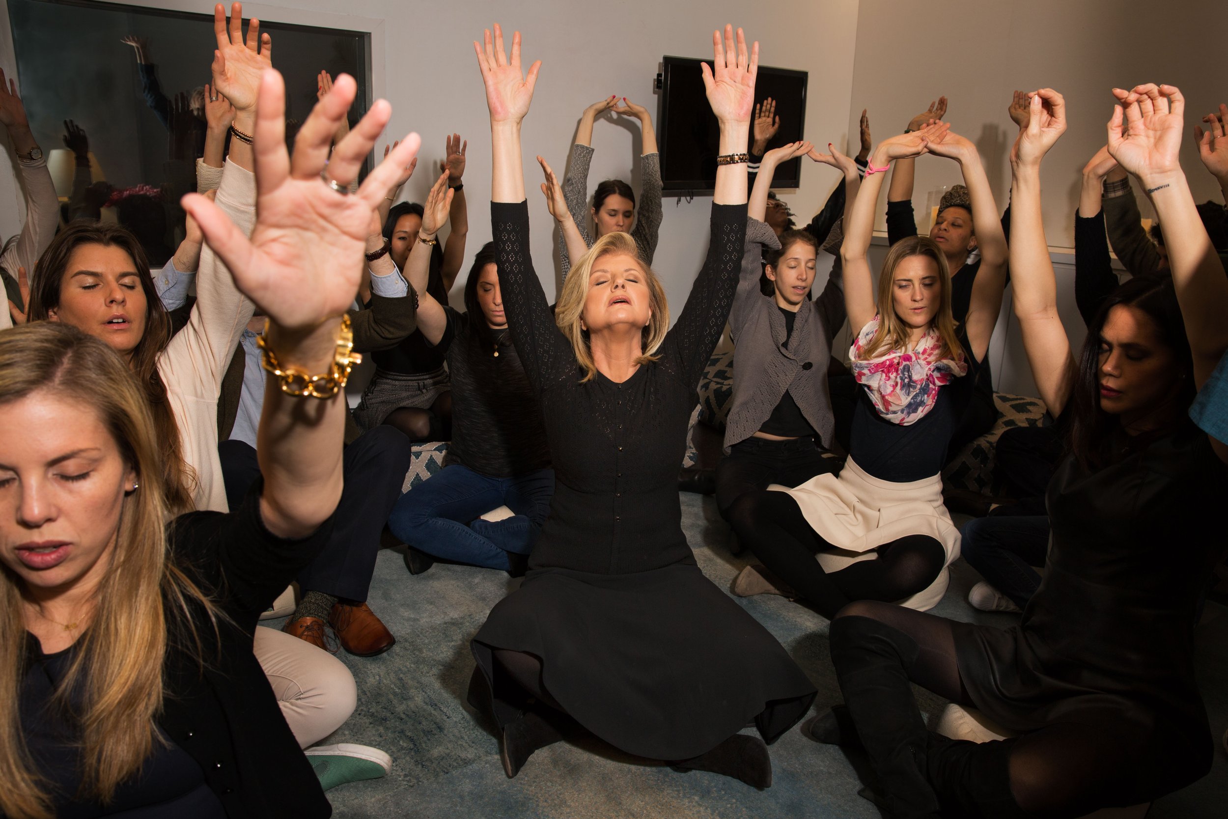 Arianna Huffington at a breathing class at the Huffington Post’s Manhattan headquarters