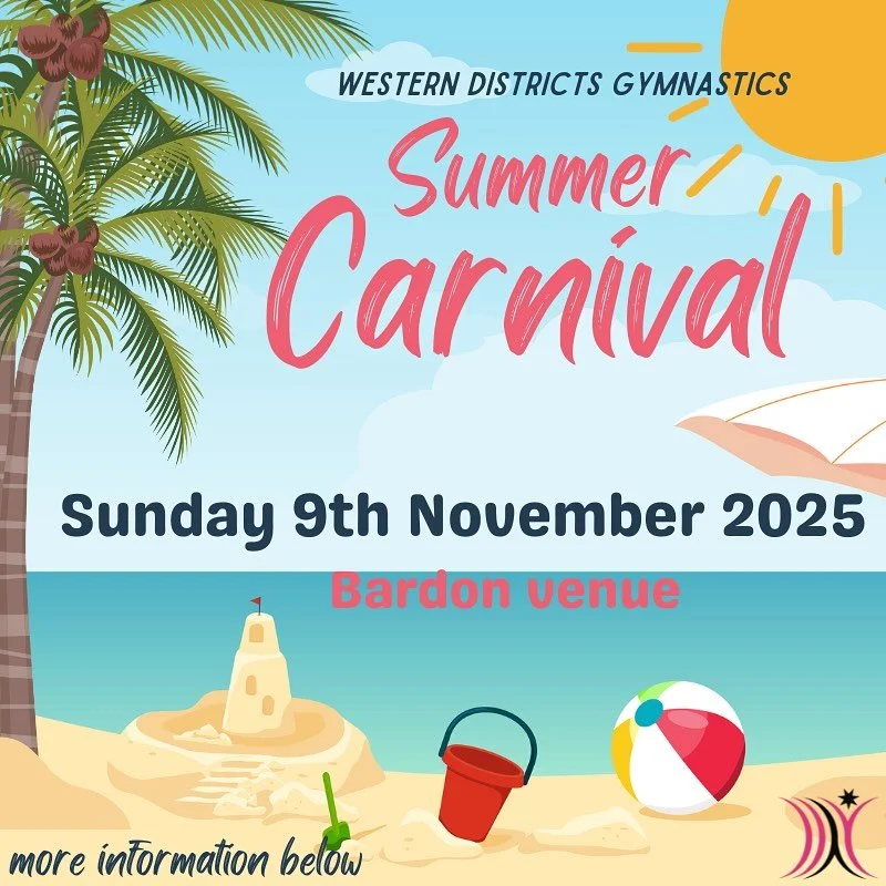 CARNIVAL INFO-

For this event we have the following rough times (based of Last years event):
Sunday 9th of November - Bardon Venue - Purtell Park
Session 1 - Mini Gym - 8am-9:30am
Session 2 - Junior Skills &amp; Gym Fun Boys- 9:30am-11am
Session 3 -