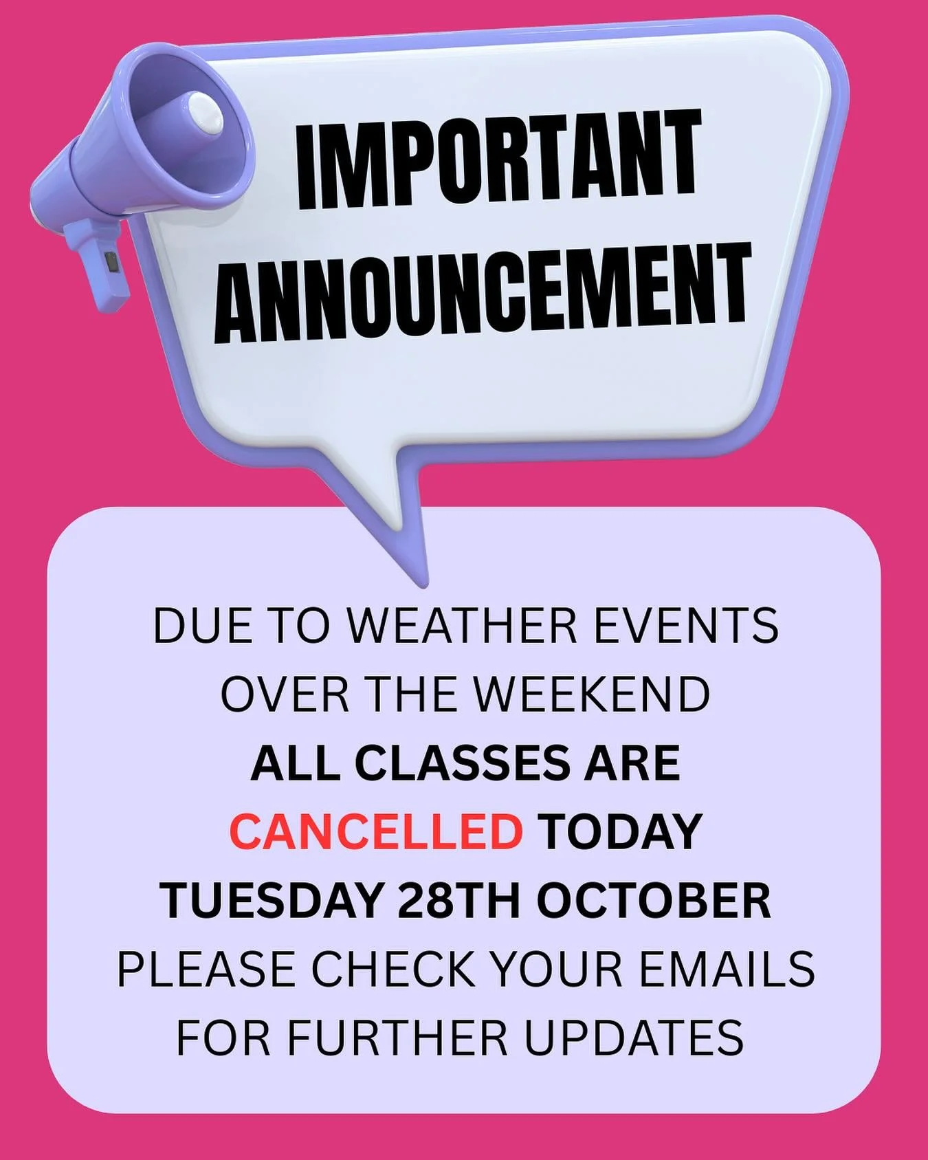 Important announcement 📣 We are still experiencing loss of power, all classes are cancelled for today -Tuesday 28th October. Please look out for text and email updates.