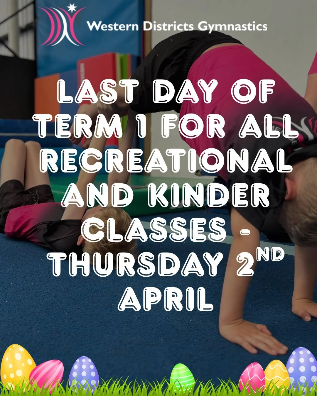 A friendly reminder today is the last day of Term 1 for all of our recreational and kinder classes.

Squad classes are running up until Saturday 11th April

🐣 Enjoy your break and we will see you back for Term 2 Monday April 20th 🐣