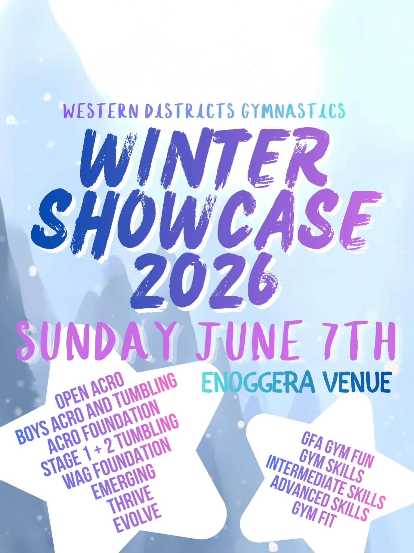 WDYC Winter Showcase 2026
Enoggera Venue

Sunday June 6th

✨GFA Gym Fun, Gym Skills, Intermediate Skills, Advanced Skills, Gym Fit
✨ Open Acro, Acro Foundation, Boys Acro and Tumbling
✨ Stage 1 and 2 Tumbling
✨ WAG Foundation, Emerging, Thrive, Evolv