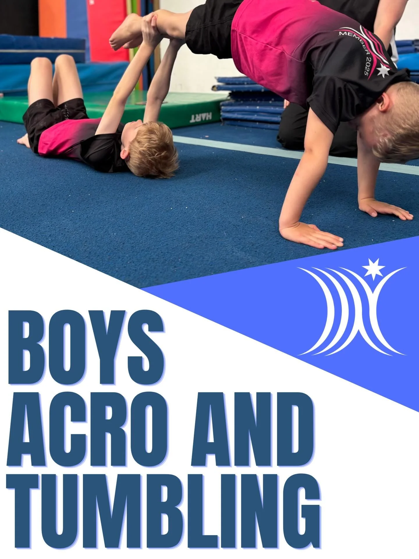 This class is our boys acrobatic and tumbling class. Designed for boys who are looking to learn about acrobatic gymnastics and tumbling, while working as a team. In this class gymnast will focus on developing their strength, flexibility, co-ordinatio