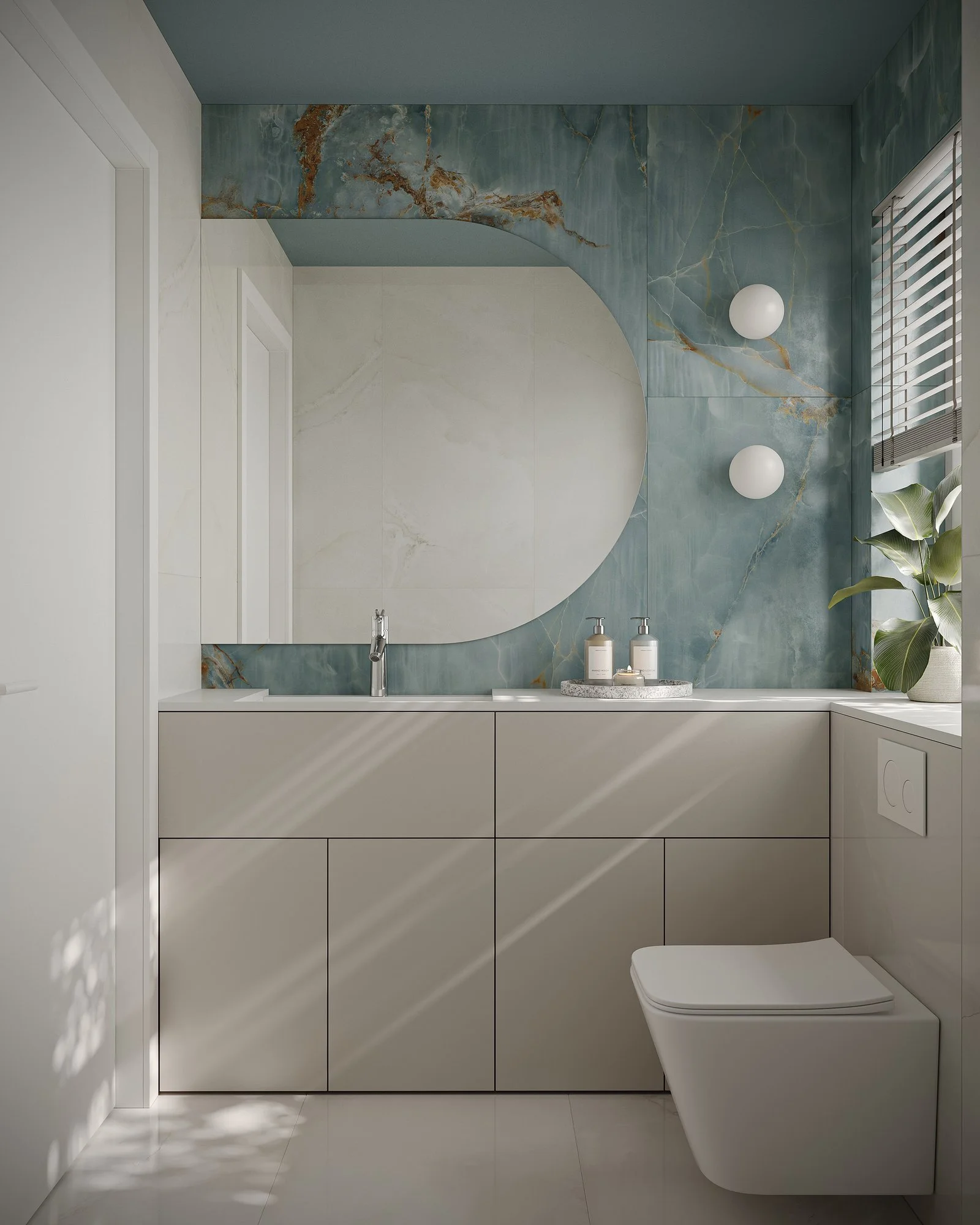 Visualización 3D del aseo de BAVARIA APARTMENT, con lavabo, espejo de contorno curvo y pared azul verdosa