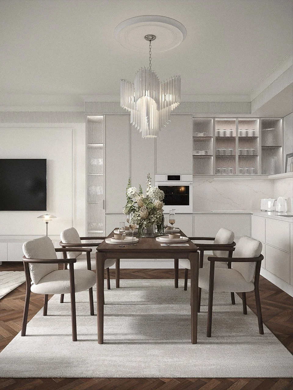 Visualización 3D del comedor de RIGA APARTMENT, con mesa ovalada y lámpara suspendida