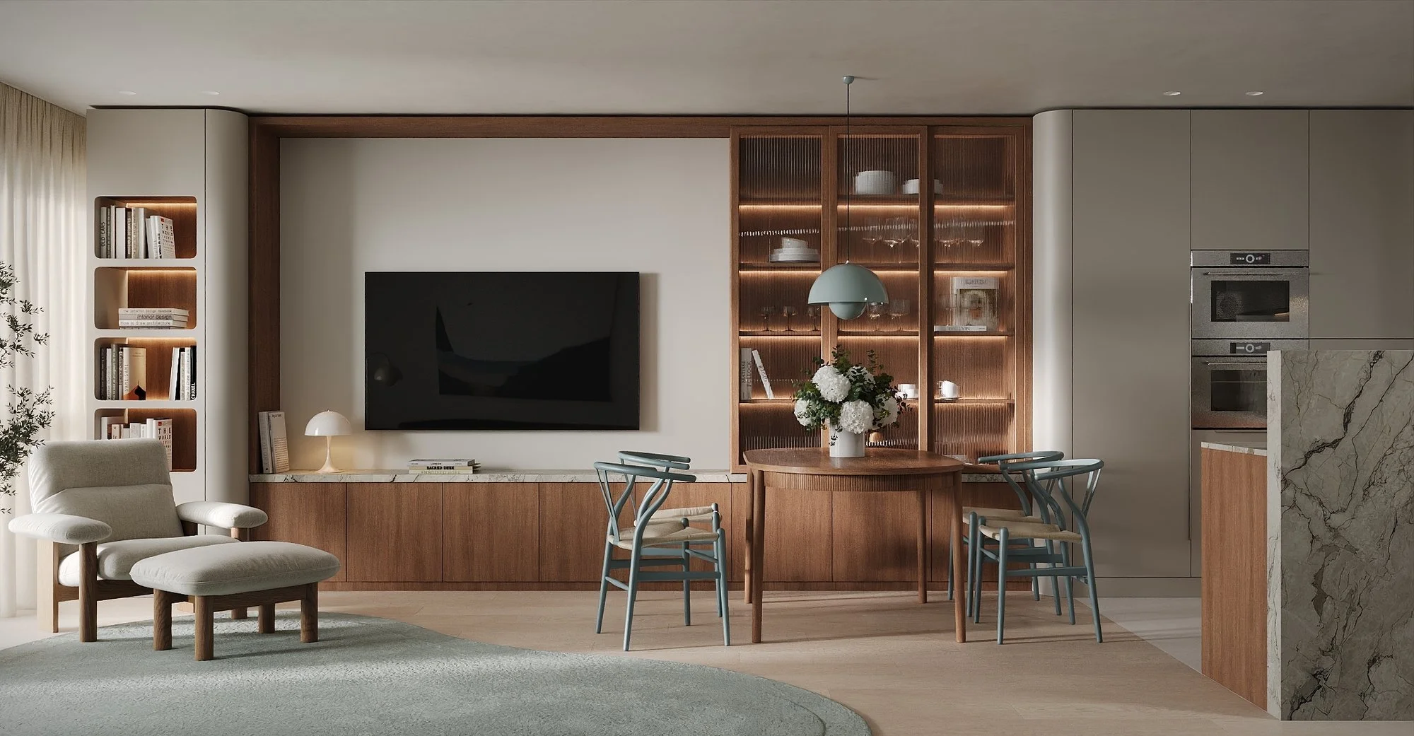 Visualización 3D de la zona de día de BAVARIA APARTMENT, con comedor, estanterías de madera y cocina