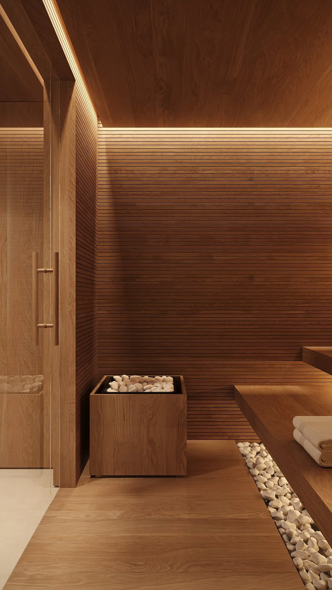 Interior de la sauna con bancos de madera e iluminación indirecta.