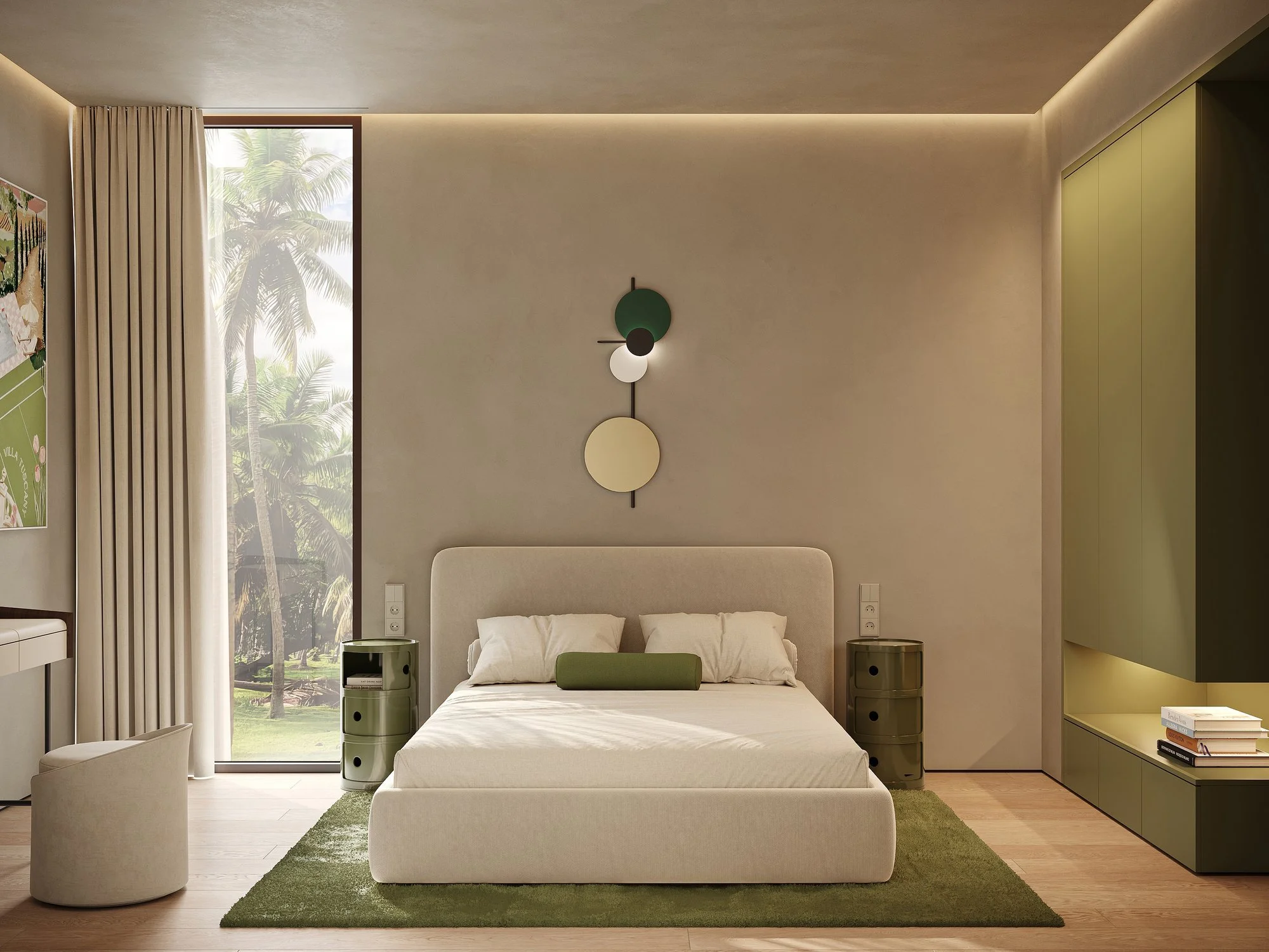 Dormitorio con cabecero tapizado, panel verde y luz perimetral.