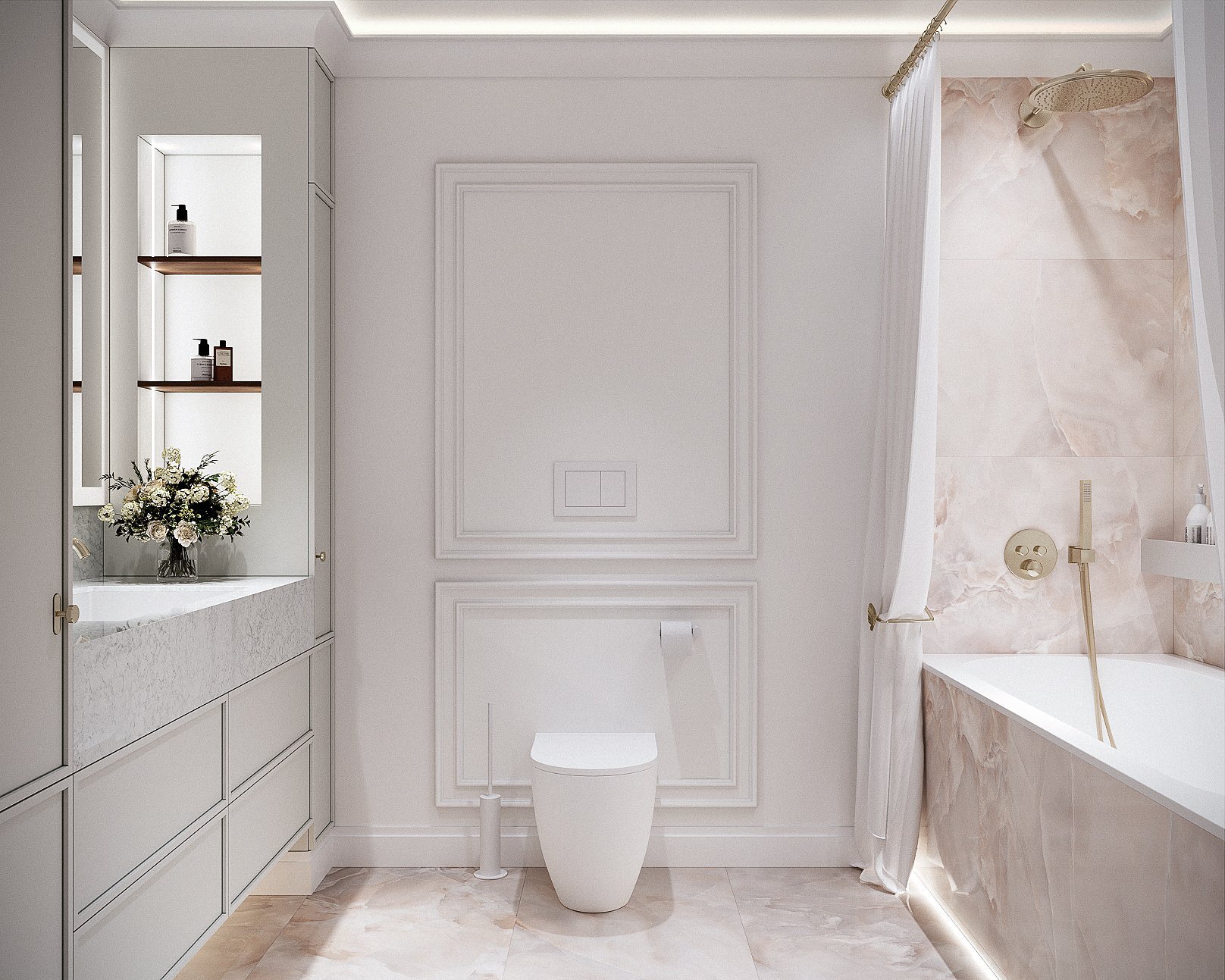 Visualización 3D del baño de RIGA APARTMENT, con bañera, lavabo y superficies de tonos rosados