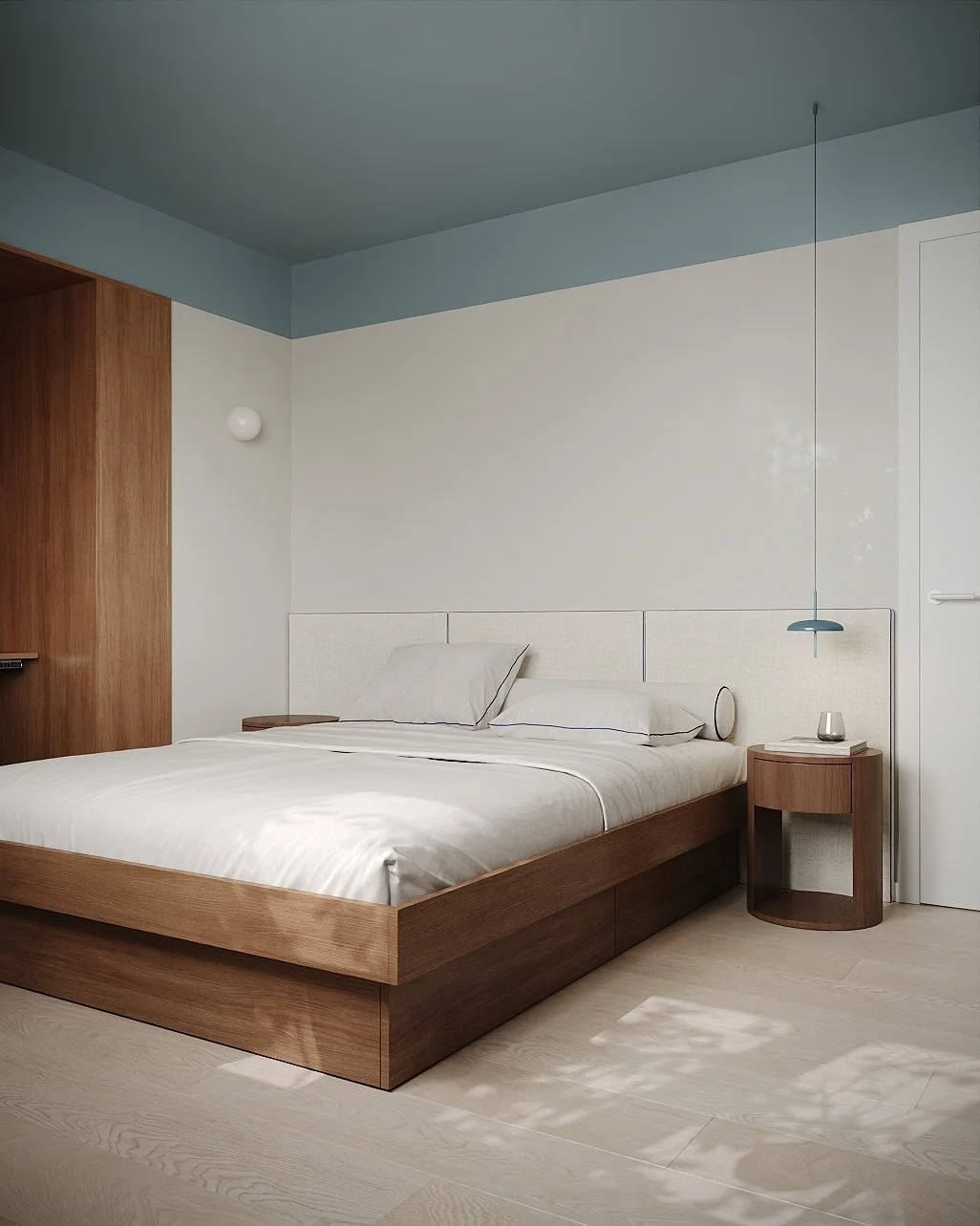 Visualización 3D del dormitorio de BAVARIA APARTMENT, con cama de madera y techo azul verdoso