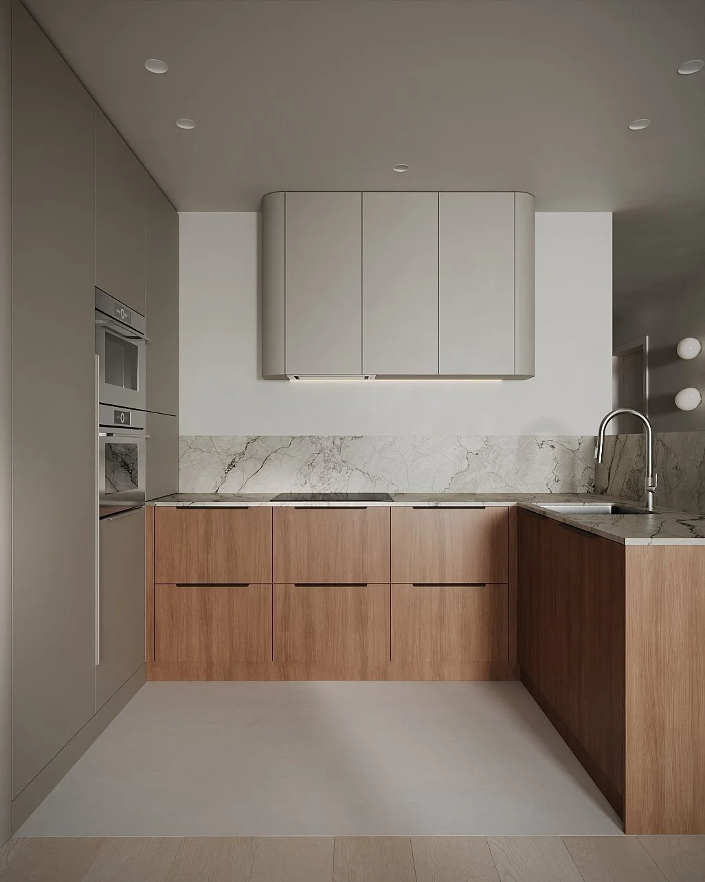 Visualización 3D de la cocina de BAVARIA APARTMENT, con frentes de madera, armarios claros y encimera veteada
