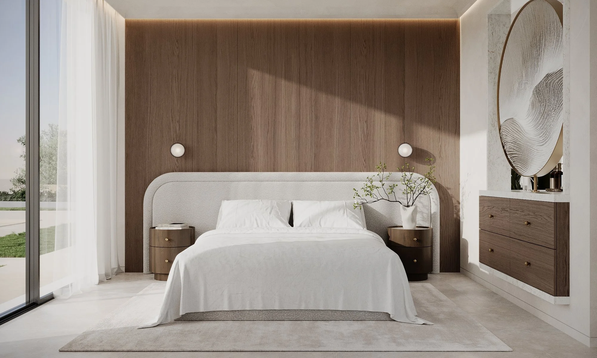 Dormitorio con cabecero claro, pared de madera y grandes ventanales.