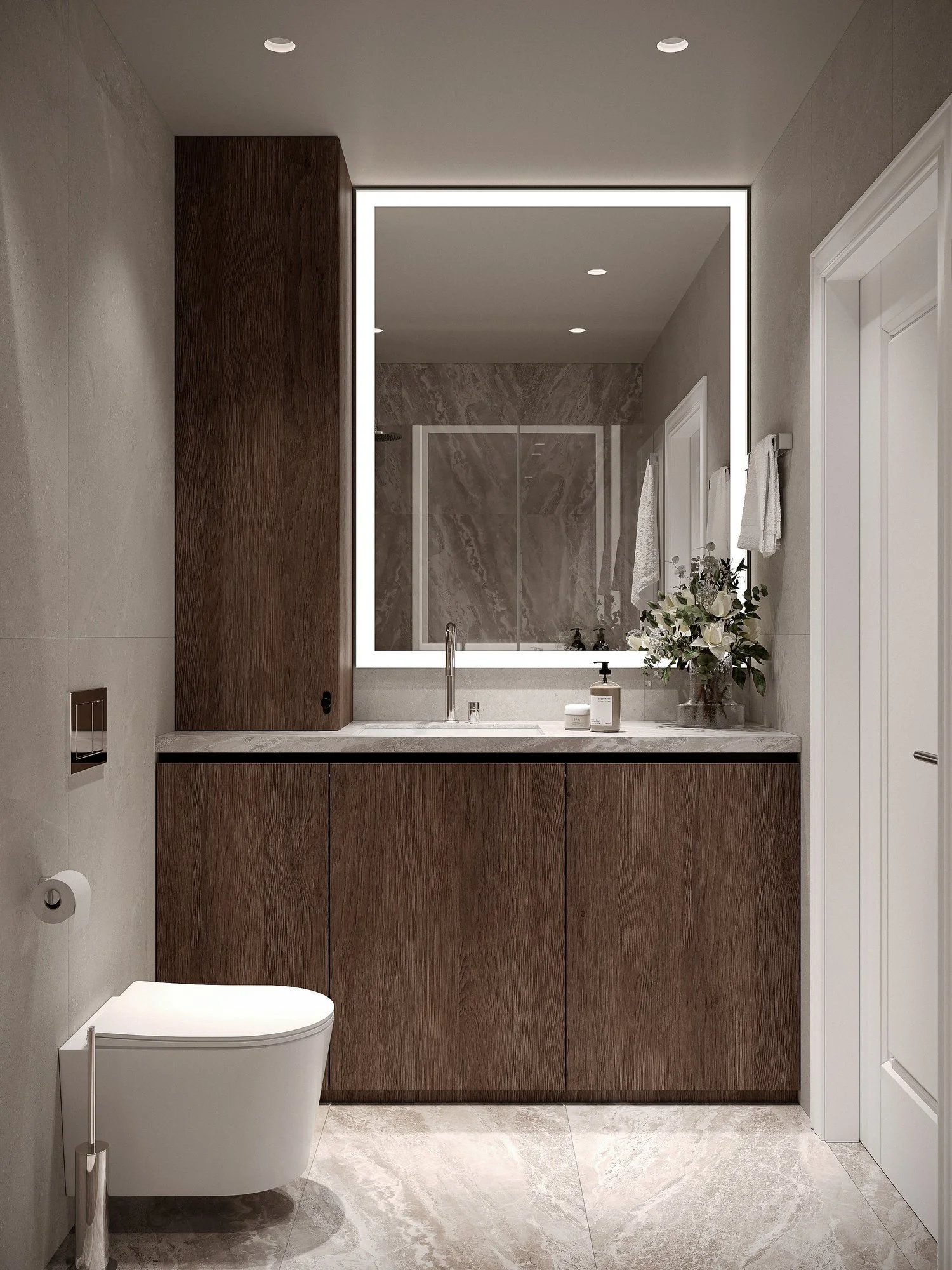 Visualización 3D del aseo de RIGA APARTMENT, con mueble de madera y espejo iluminado