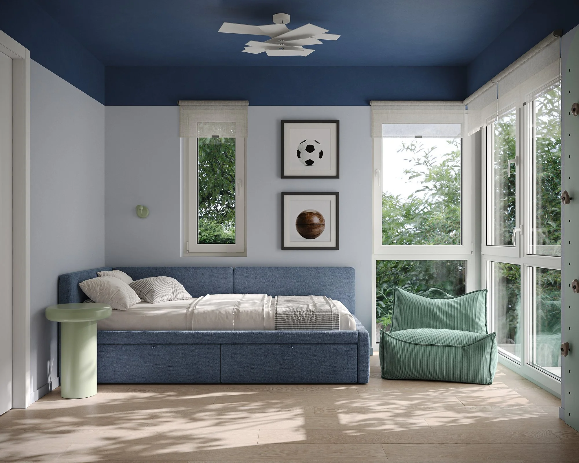 Visualización 3D de una habitación infantil de BAVARIA APARTMENT, con cama azul, sillón verde y ventanas en esquina