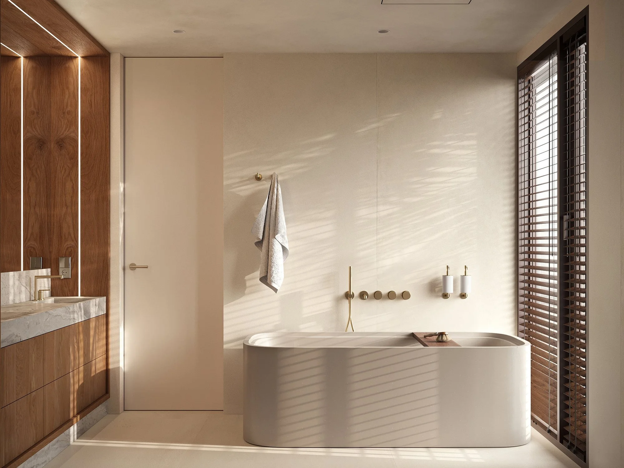 Baño con bañera exenta, persianas de madera y luz natural.