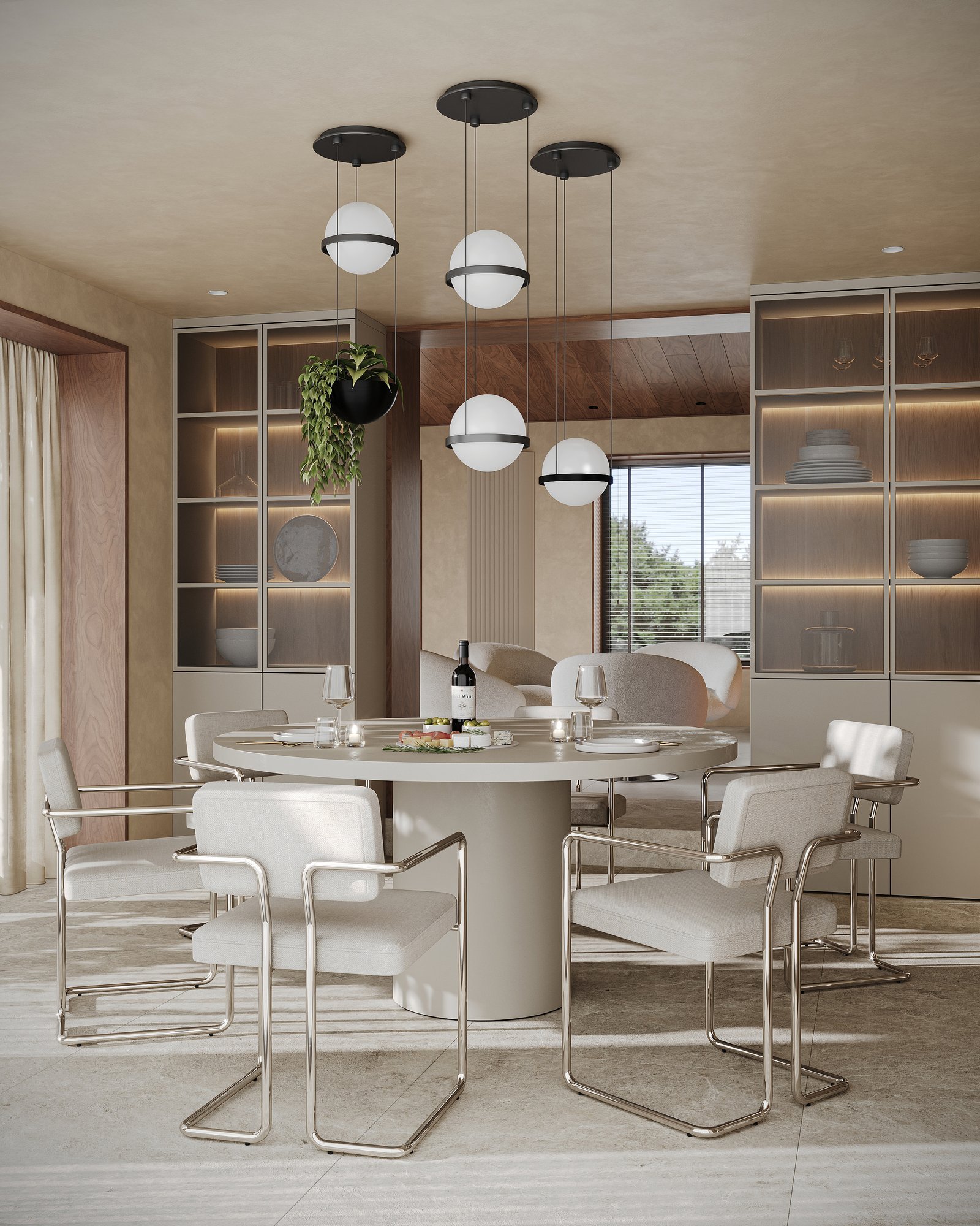 Vista de la cocina y el comedor con armarios altos y ventanales al fondo.