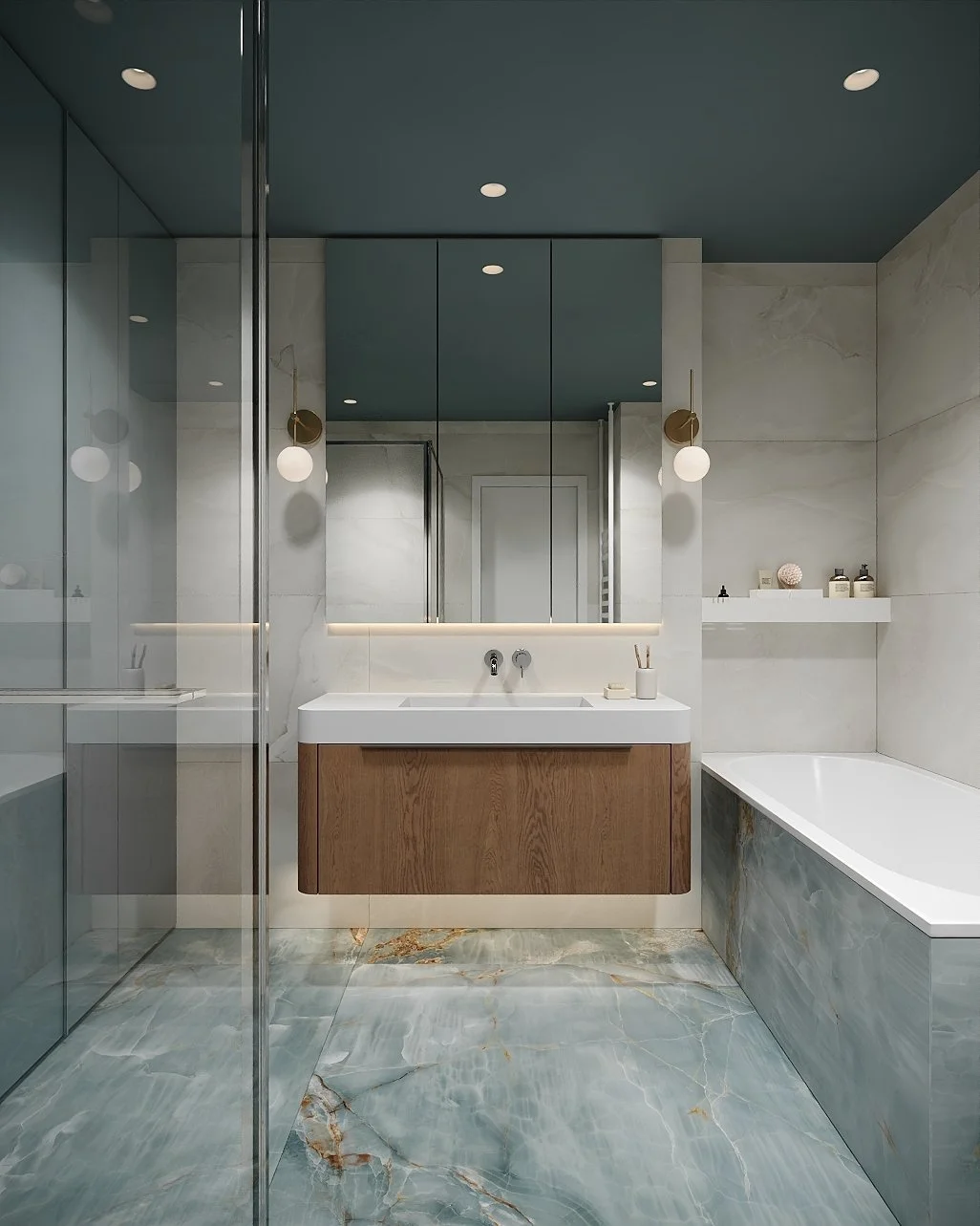 Visualización 3D del baño de BAVARIA APARTMENT, con bañera, ducha y superficies azul verdosas