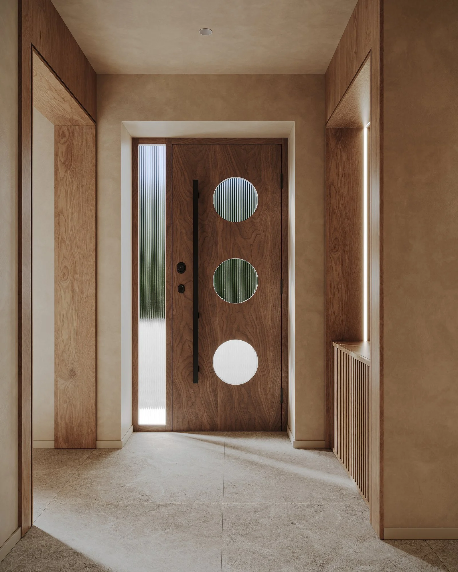 Entrada con revestimientos de madera y puerta con tres huecos circulares.