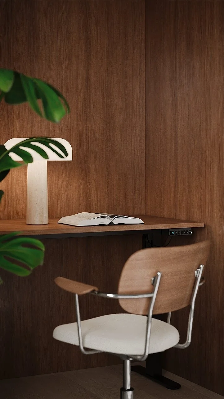 Visualización 3D de un rincón de trabajo de BAVARIA APARTMENT, integrado en un panel de madera