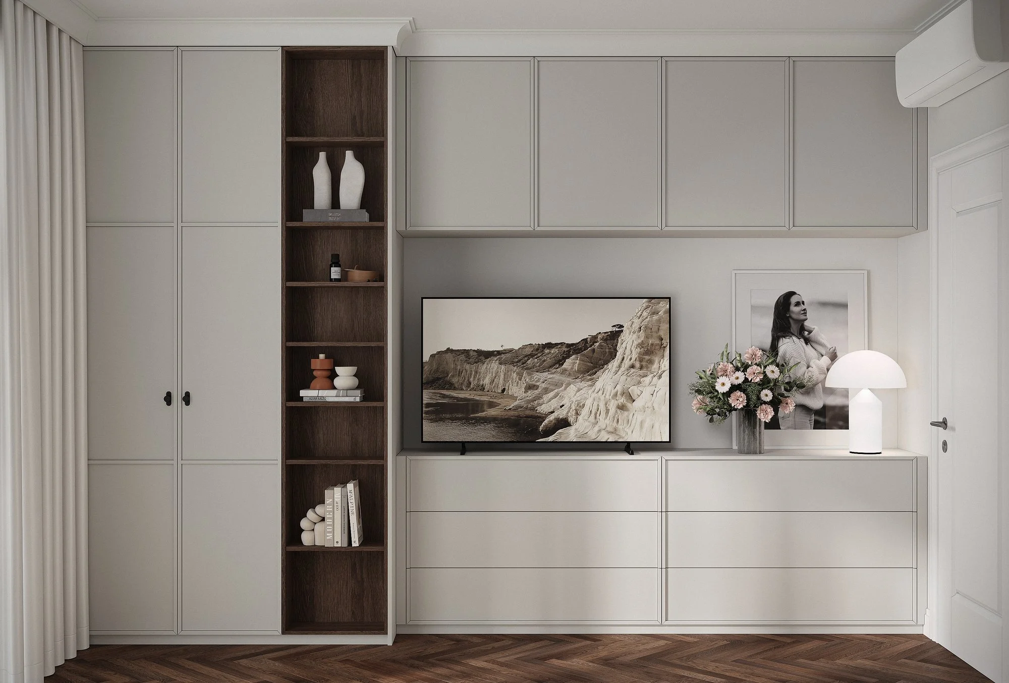 Visualización 3D del almacenaje del dormitorio de RIGA APARTMENT, con frentes claros y estantería de madera