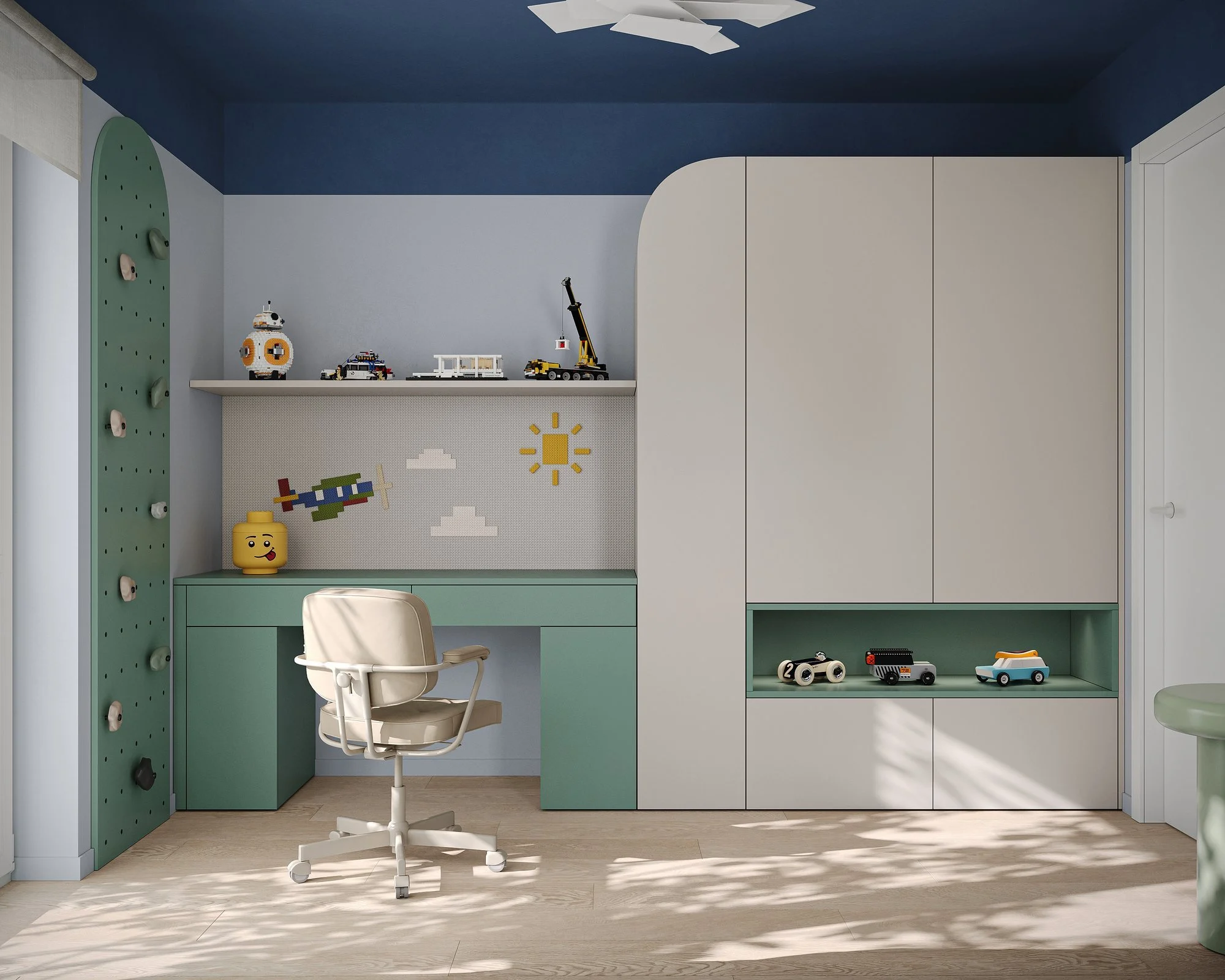 Visualización 3D de la zona de estudio infantil de BAVARIA APARTMENT, con escritorio y almacenaje integrado