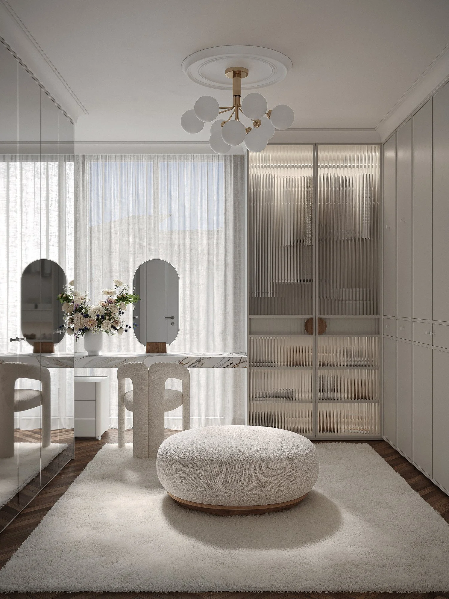 Visualización 3D del vestidor de RIGA APARTMENT, con tocador junto a la ventana y armarios acristalados