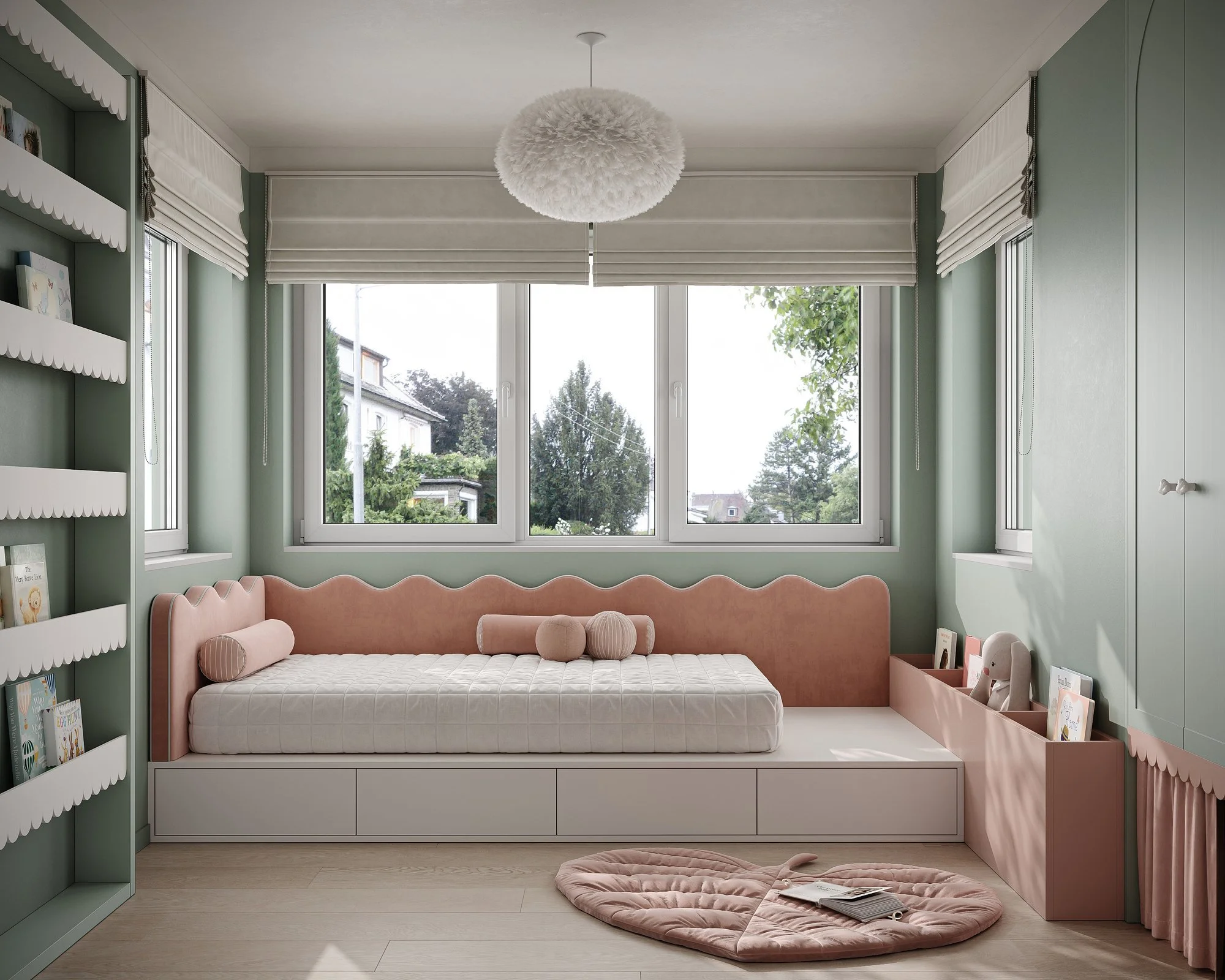 Visualización 3D de una habitación infantil de BAVARIA APARTMENT, con cama junto a la ventana y tonos verdes y rosados
