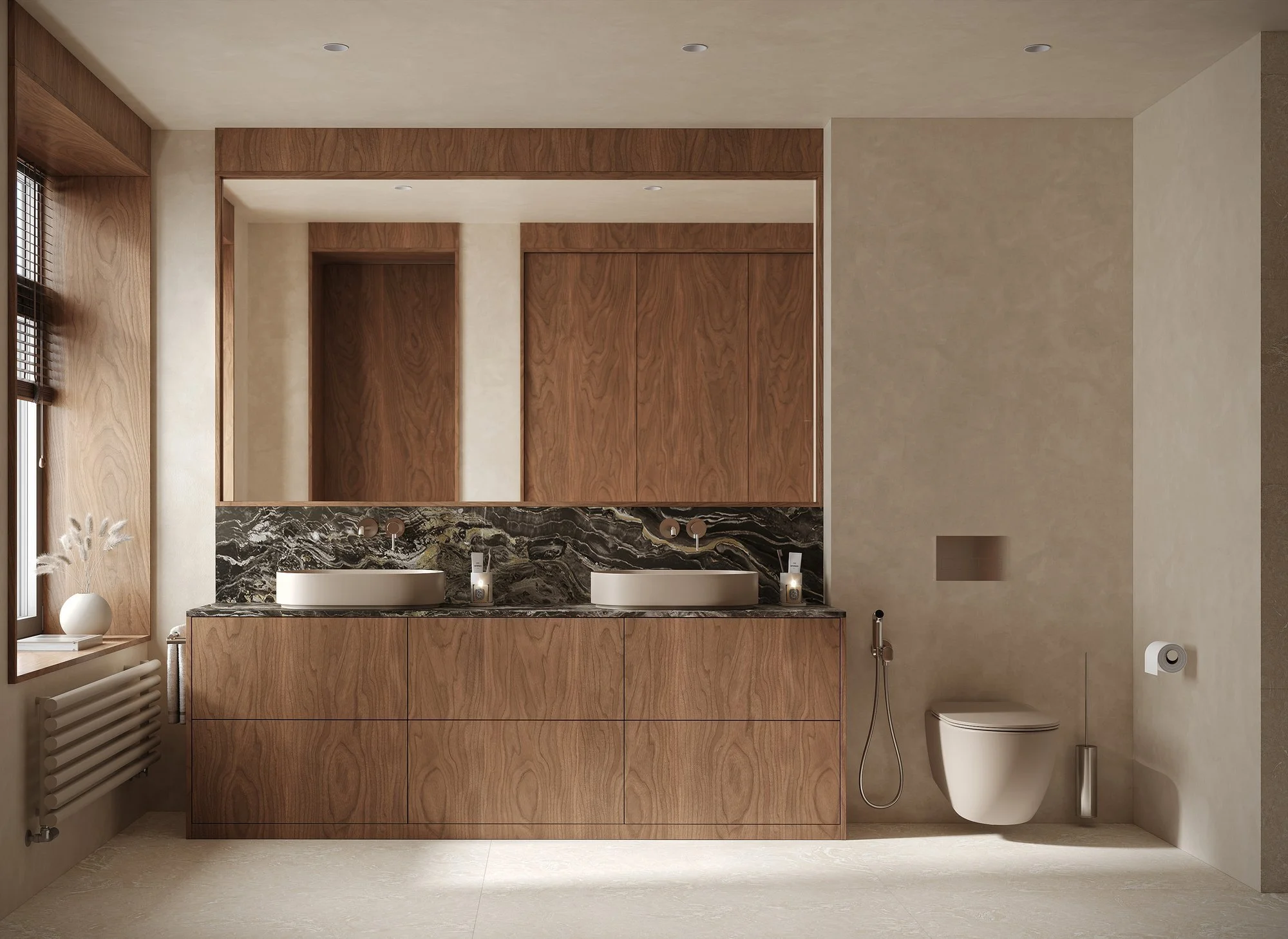 Baño con dos lavabos, mueble de madera y revestimiento oscuro veteado.