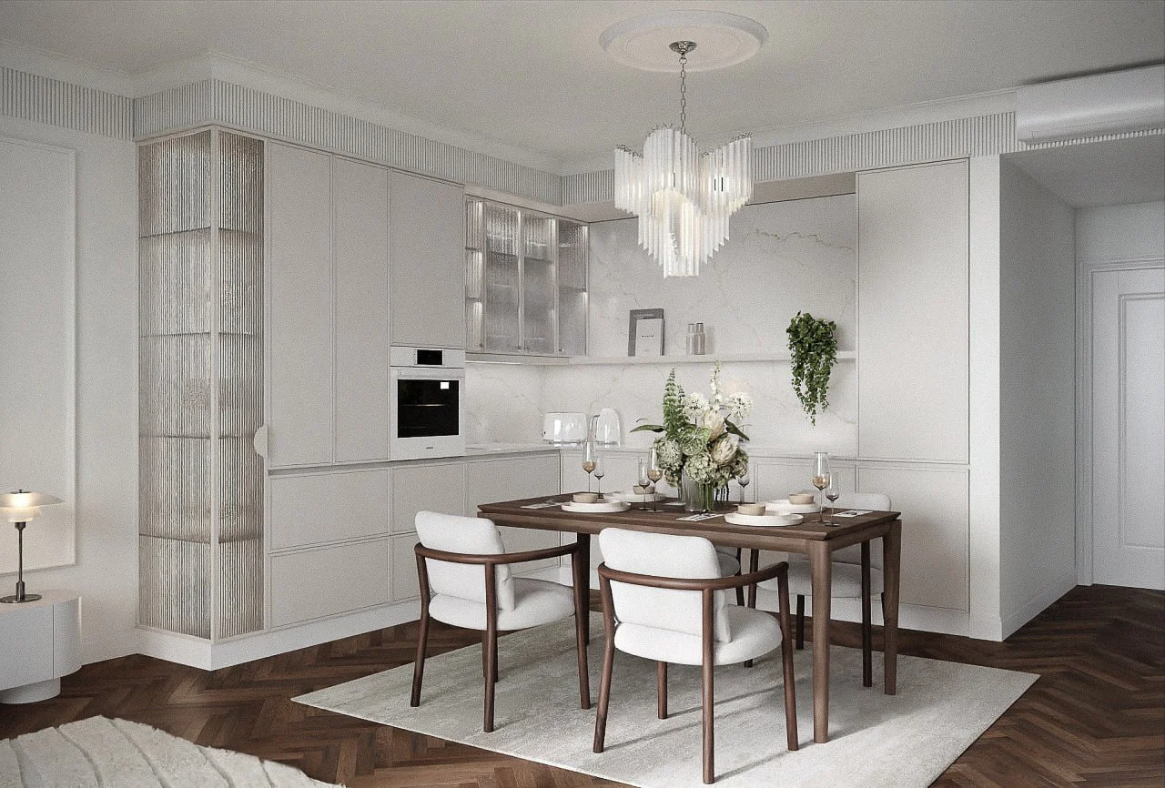 Visualización 3D de la cocina y el comedor de RIGA APARTMENT, con mesa de madera y armarios claros