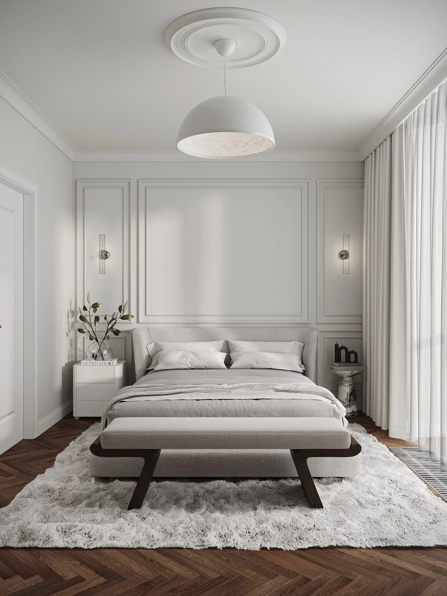 Visualización 3D del dormitorio de RIGA APARTMENT, con molduras, cama tapizada y cortinas claras
