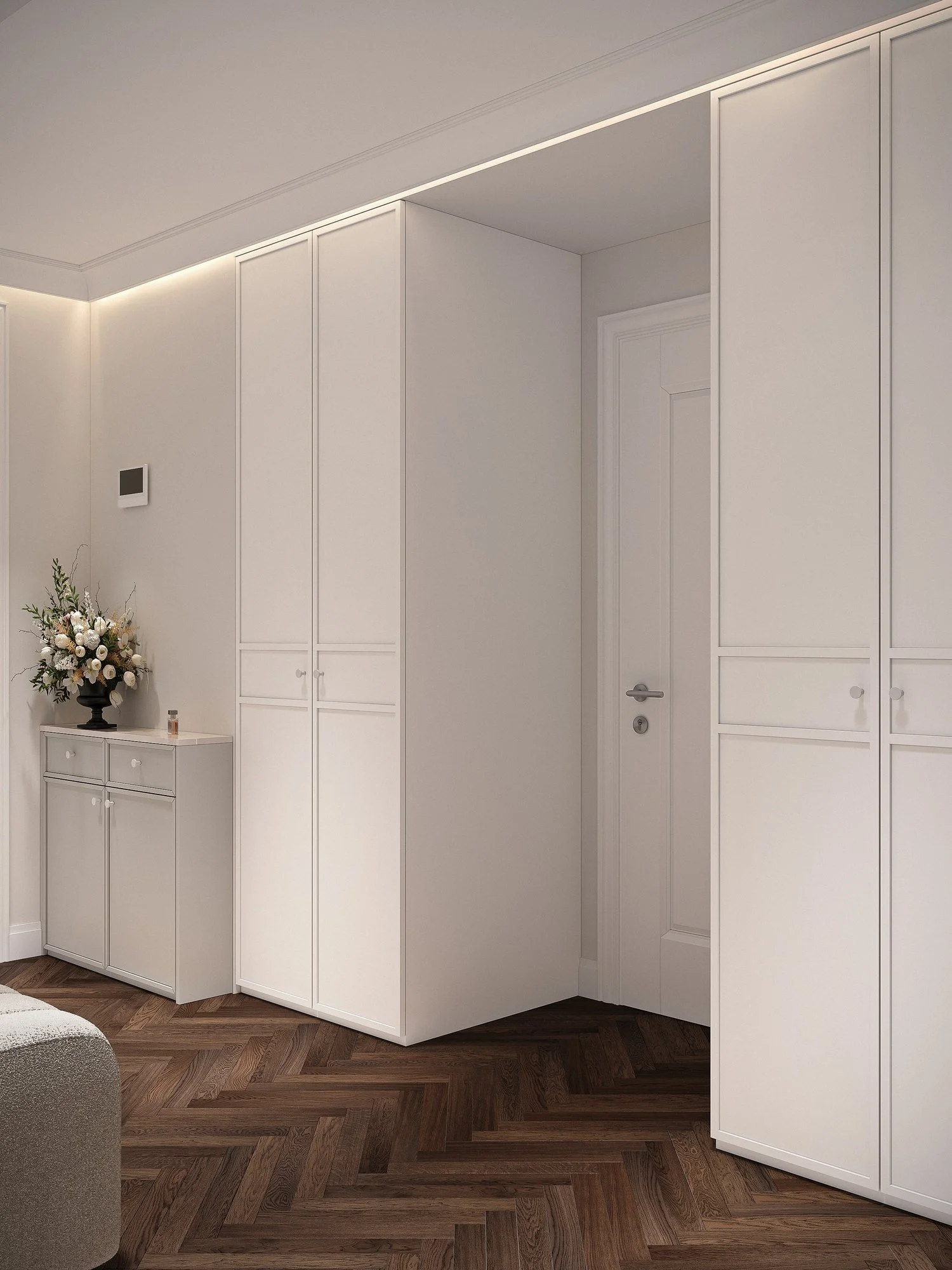 Visualización 3D del recibidor de RIGA APARTMENT, con almacenaje integrado y luz en el perímetro del techo