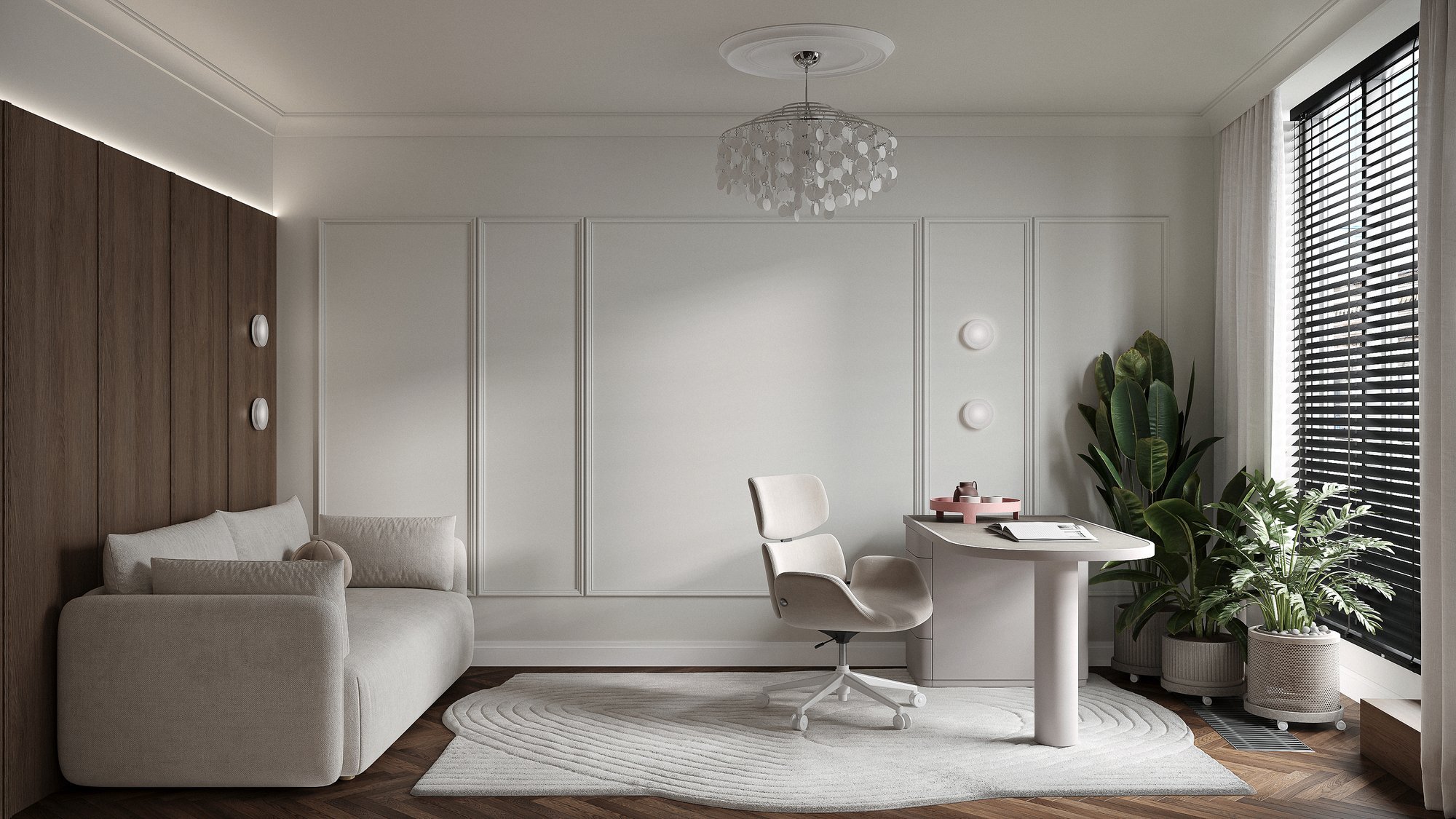 Visualización 3D del despacho de RIGA APARTMENT, con escritorio junto a la ventana y zona de asiento