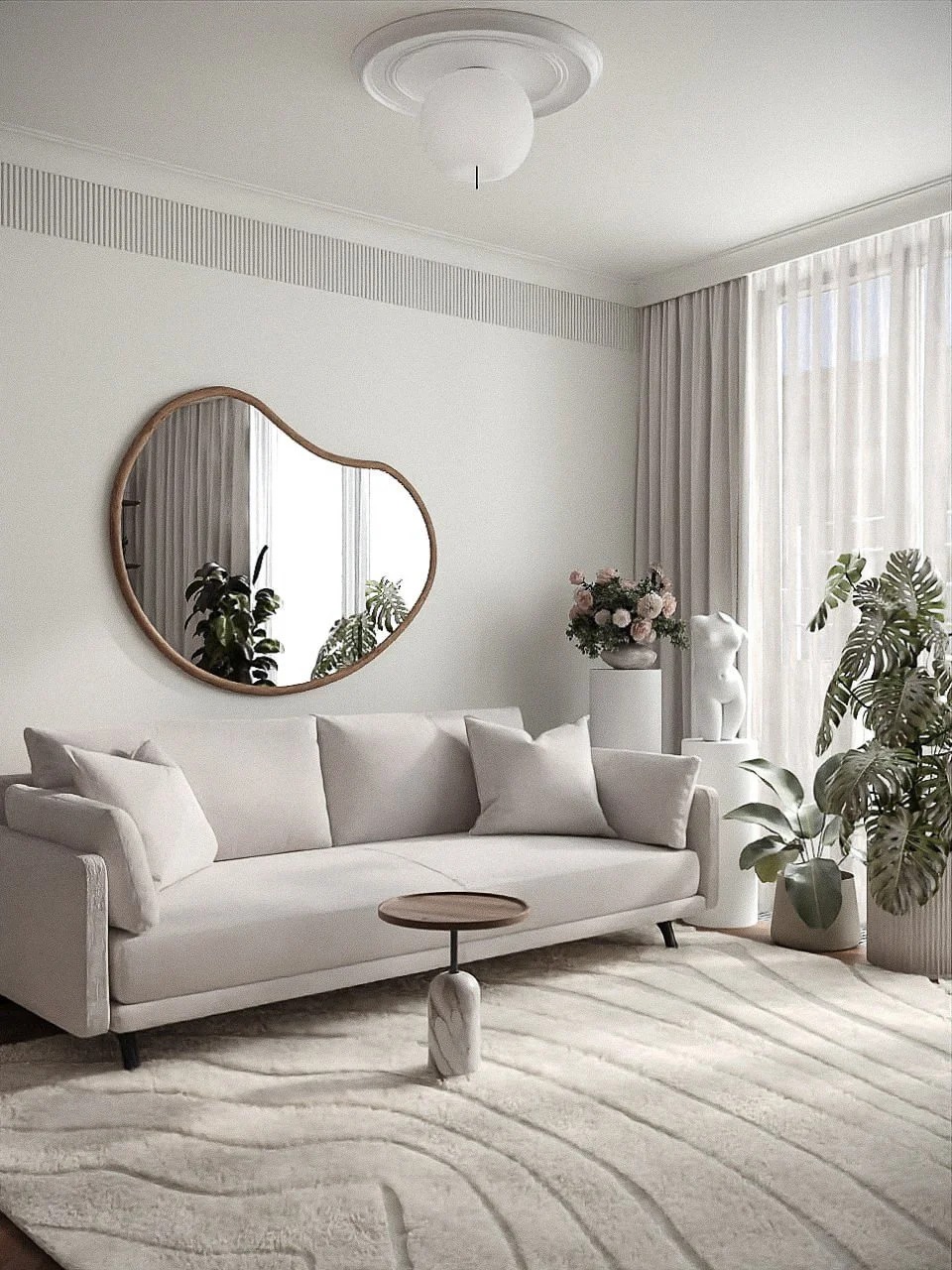 Visualización 3D de un sofá claro junto a un espejo de contorno curvo y una ventana en RIGA APARTMENT