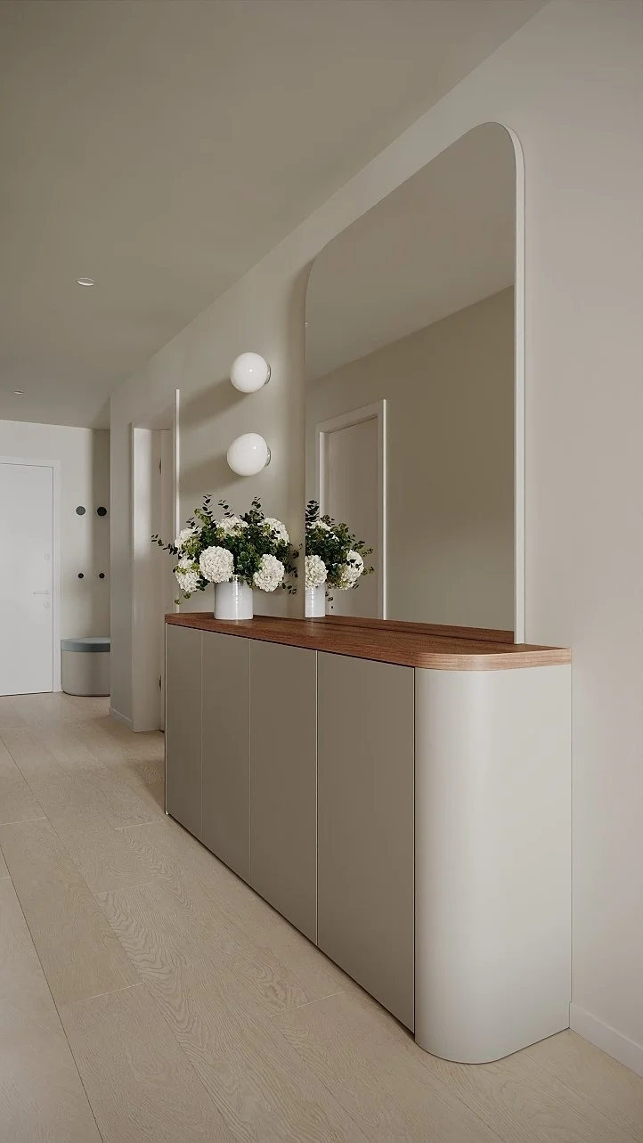 Visualización 3D del recibidor de BAVARIA APARTMENT, con mueble de almacenaje y espejo de borde curvo