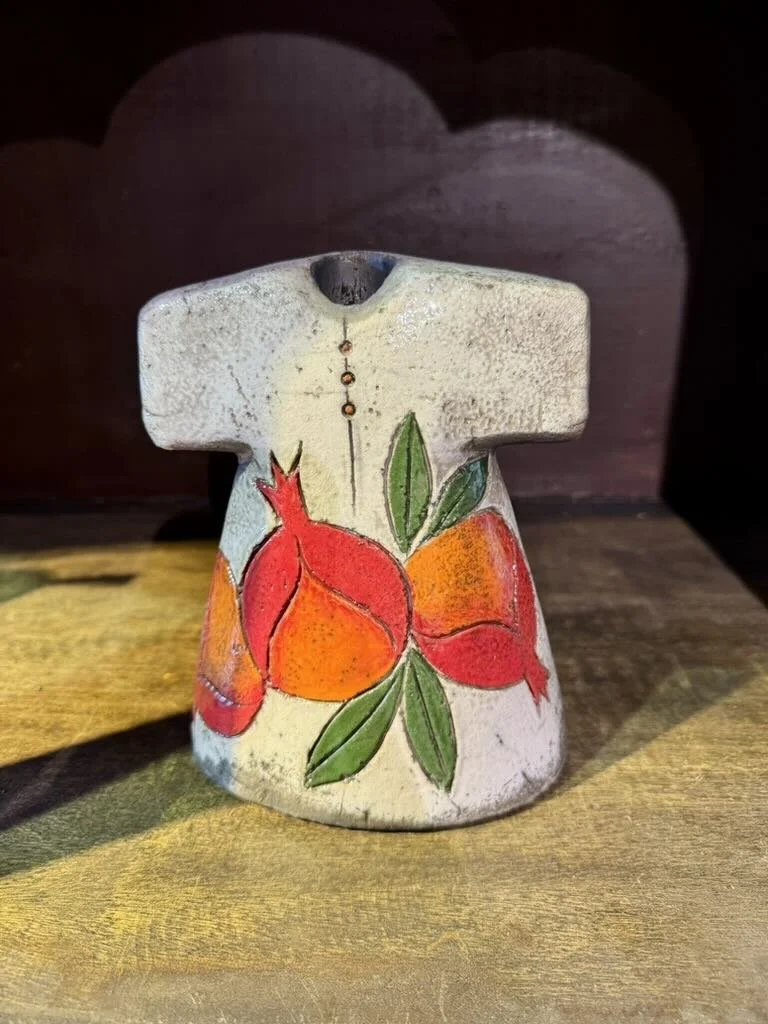 White Handmade Raku Ceramic Caftan with Pomegranates