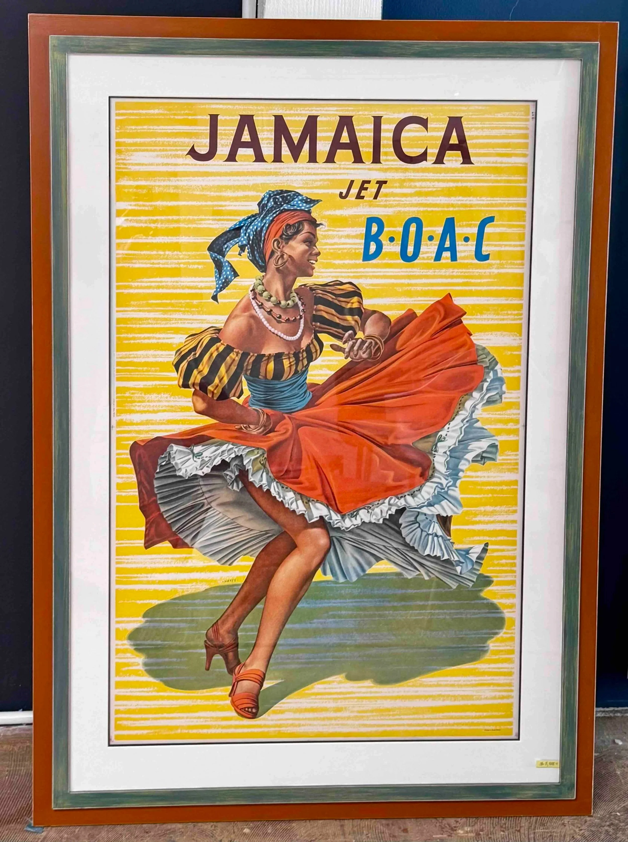 A vintage poster featuring a woman in a colorful skirt and headscarf dancing, with the text 'Jamaica Jet Boac' at the top, set against a yellow striped background.