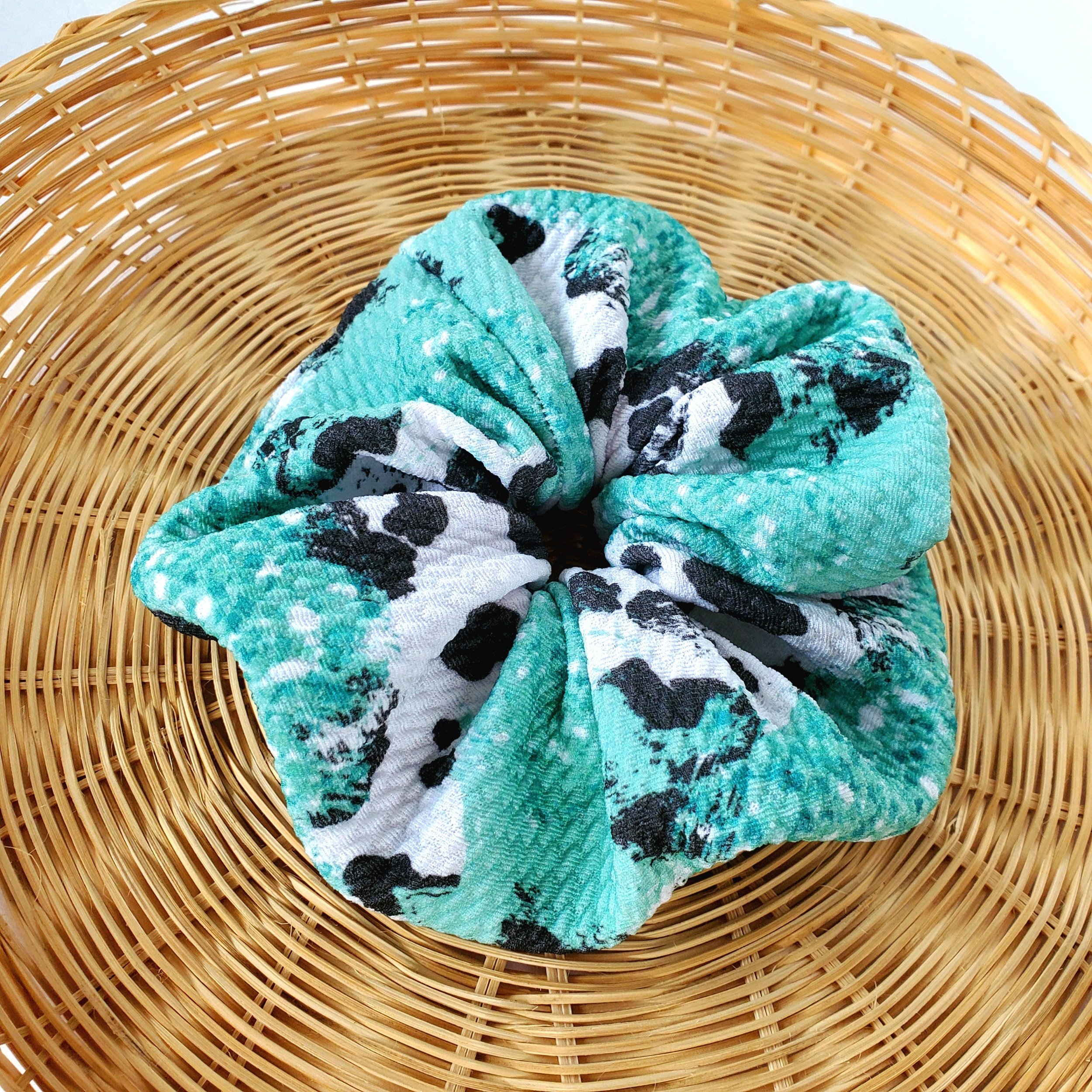 Turquoise + Cow Print Scrunchie