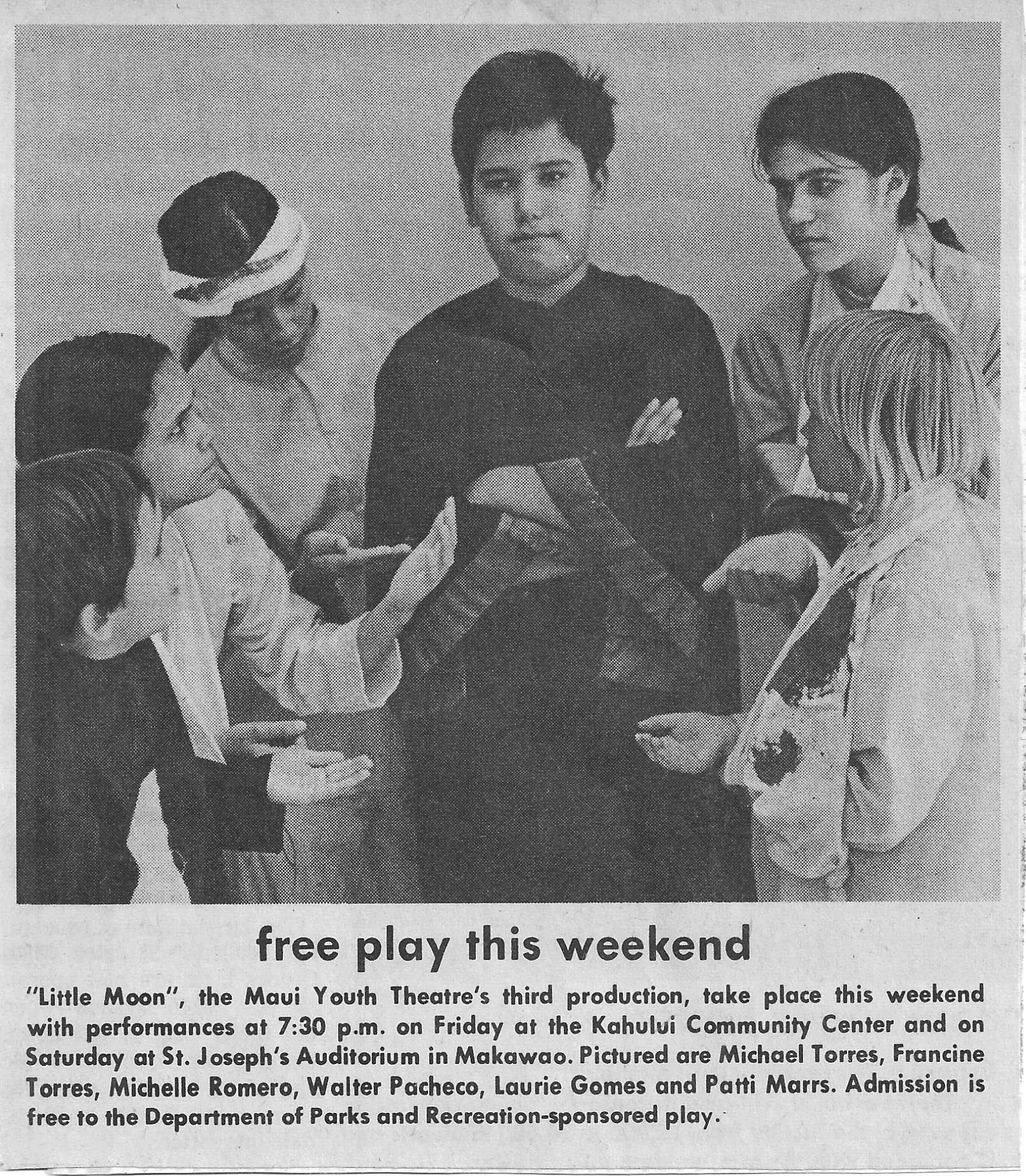 A newspaper clipping from one of Maui Youth Theatre's first productions.