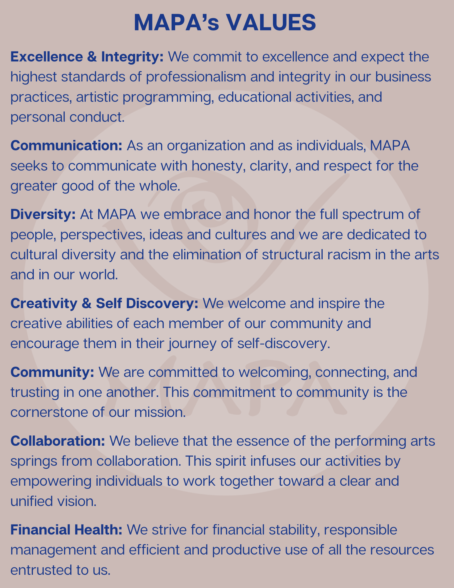 MAPA’s VALUES Excellence & Integrity We commit to excellence and expect the highest standards of professionalism and integrity in our business practices, artistic programming, educational activities, and personal c.png